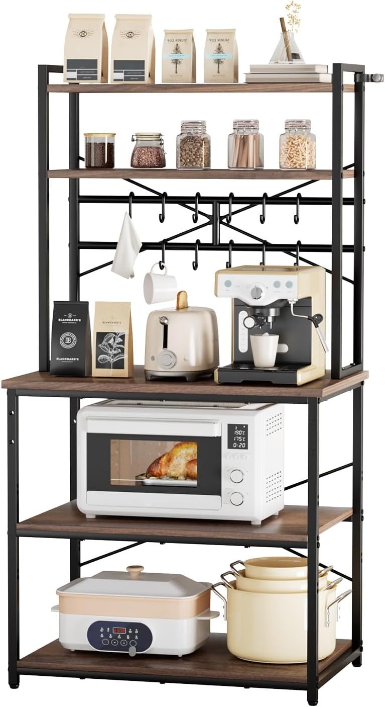 image:imageVEVOR Bakers Rack 354 inch Width Microwave StandKitchen Stand with XShaped Support Bar amp 5 SShaped HooksKitchen Storage Shelf for Dish Storage Spice Jars Coffee Bar Organization315 x 157 x 637