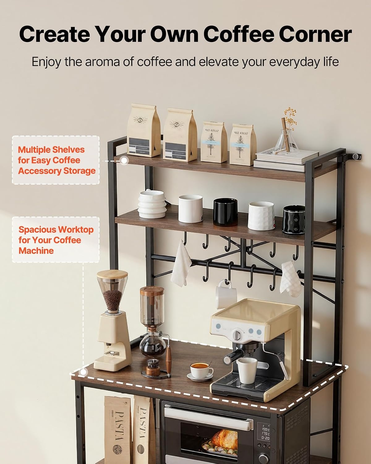 image:imageVEVOR Bakers Rack 354 inch Width Microwave StandKitchen Stand with XShaped Support Bar amp 5 SShaped HooksKitchen Storage Shelf for Dish Storage Spice Jars Coffee Bar Organization315 x 157 x 637