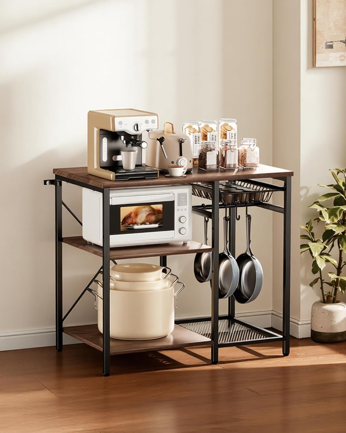 image:imageVEVOR Bakers Rack 354 inch Width Microwave StandKitchen Stand with XShaped Support Bar amp 5 SShaped HooksKitchen Storage Shelf for Dish Storage Spice Jars Coffee Bar Organization354 x 157 x 354