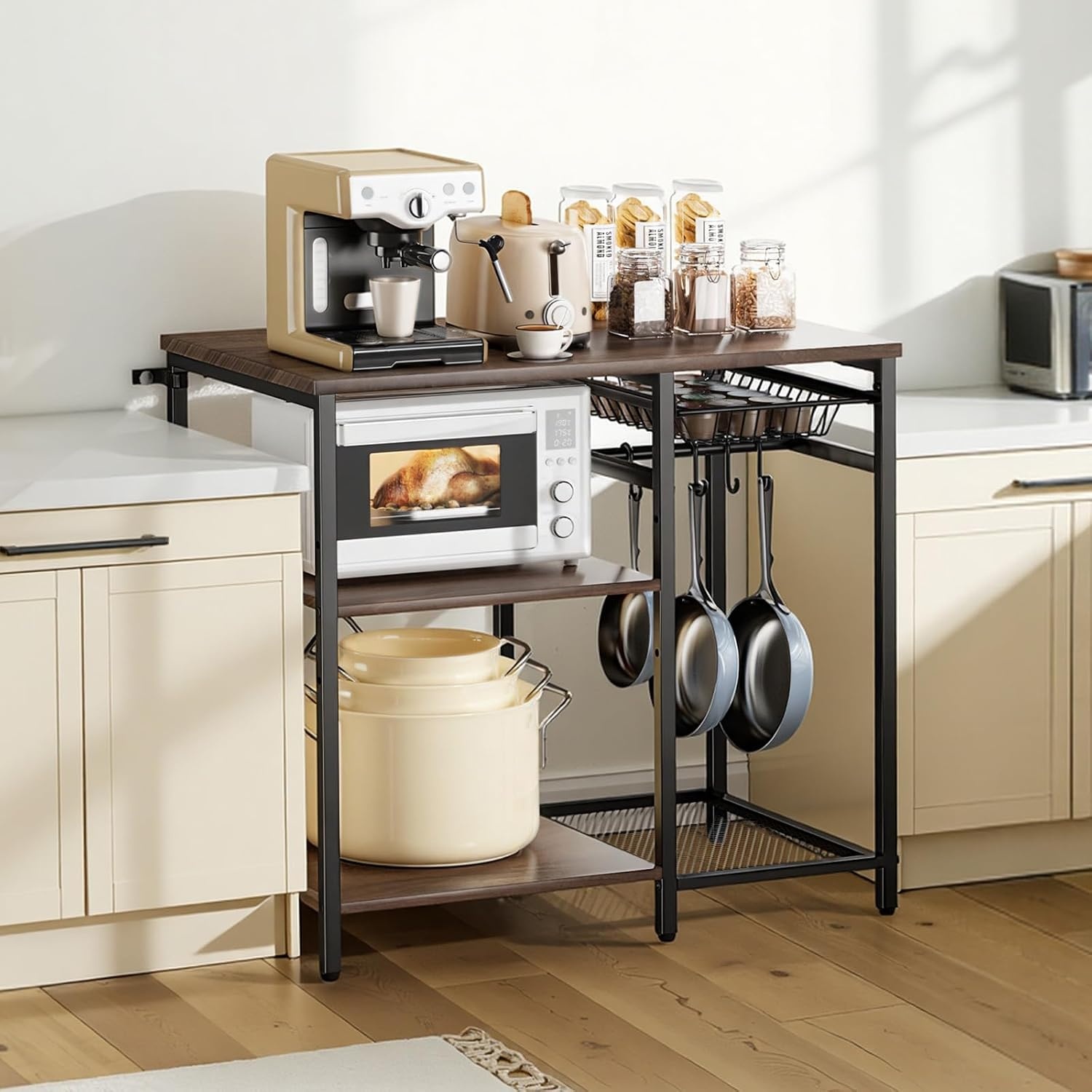 image:imageVEVOR Bakers Rack 354 inch Width Microwave StandKitchen Stand with XShaped Support Bar amp 5 SShaped HooksKitchen Storage Shelf for Dish Storage Spice Jars Coffee Bar Organization354 x 157 x 354