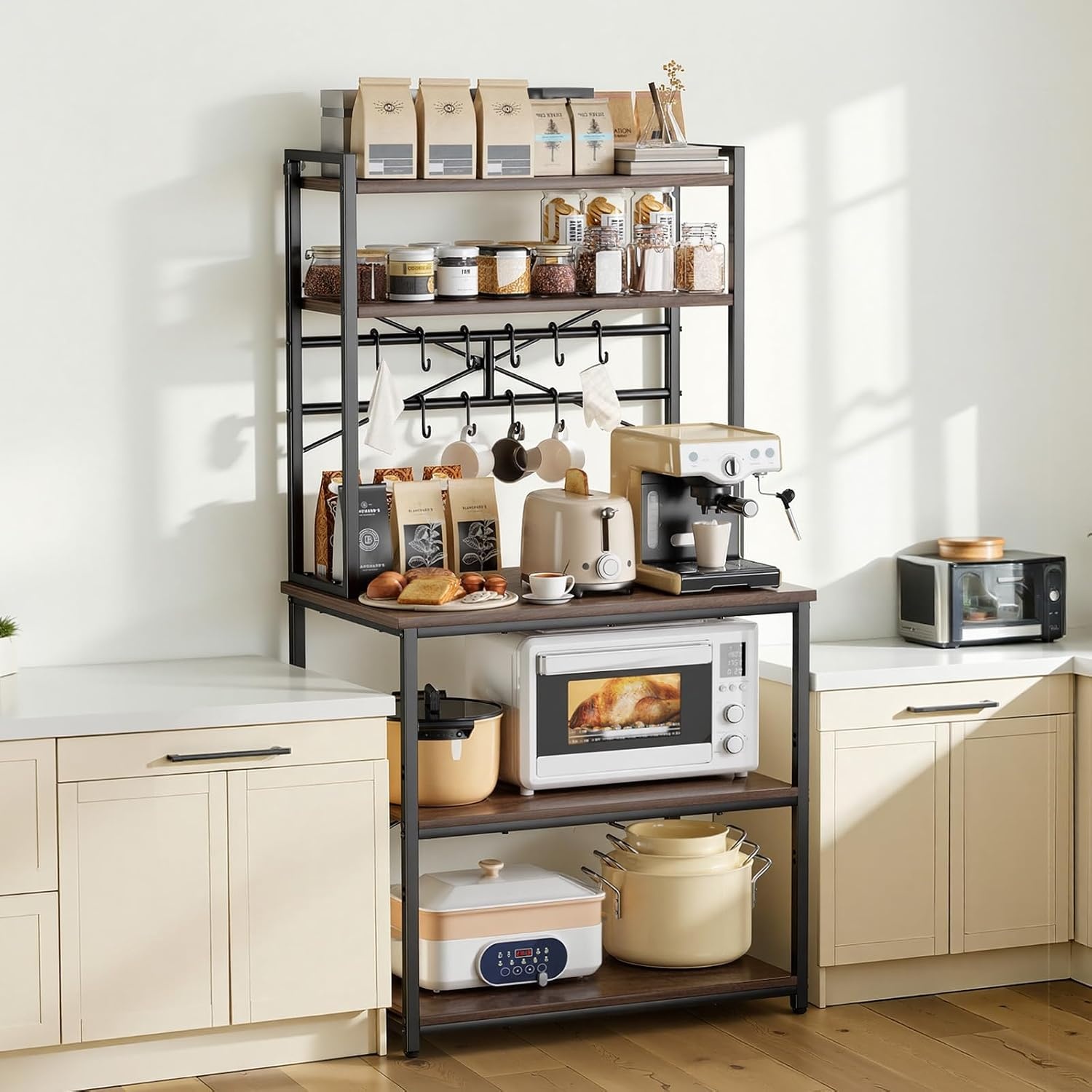 image:imageVEVOR Bakers Rack 354 inch Width Microwave StandKitchen Stand with XShaped Support Bar amp 5 SShaped HooksKitchen Storage Shelf for Dish Storage Spice Jars Coffee Bar Organization315 x 157 x 637