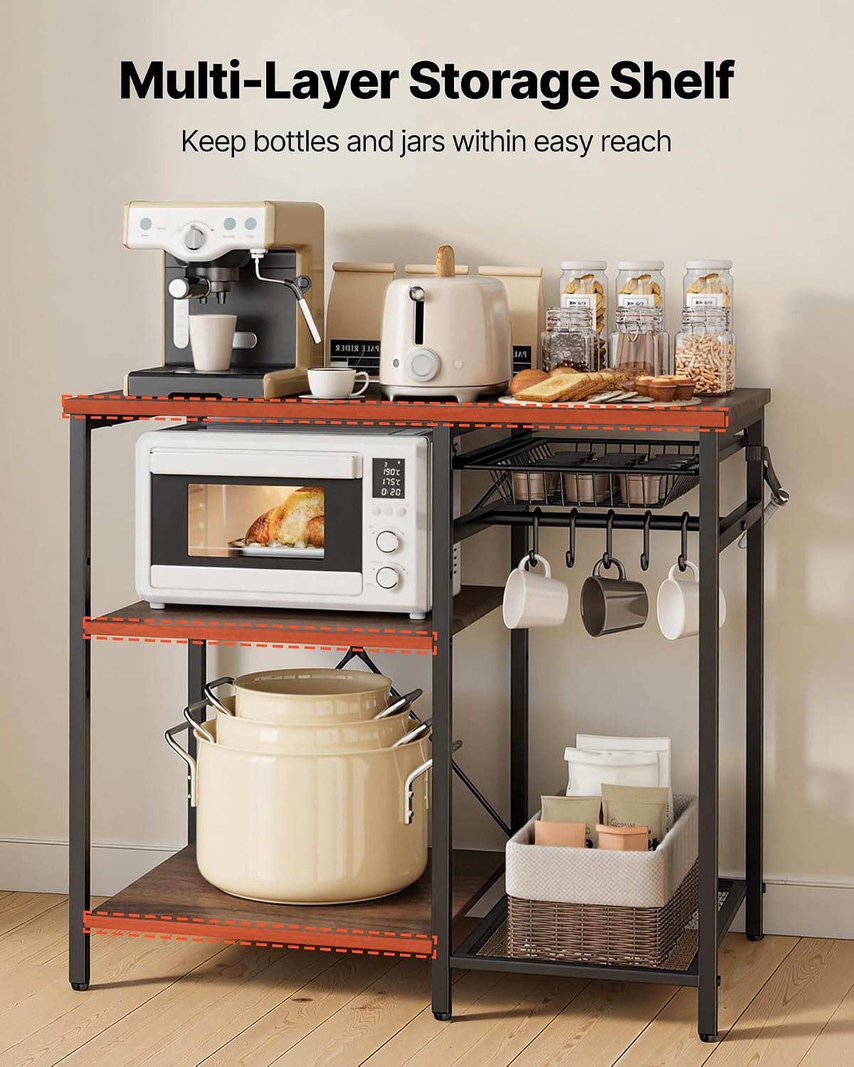 image:imageVEVOR Bakers Rack 354 inch Width Microwave StandKitchen Stand with XShaped Support Bar amp 5 SShaped HooksKitchen Storage Shelf for Dish Storage Spice Jars Coffee Bar Organization354 x 157 x 354