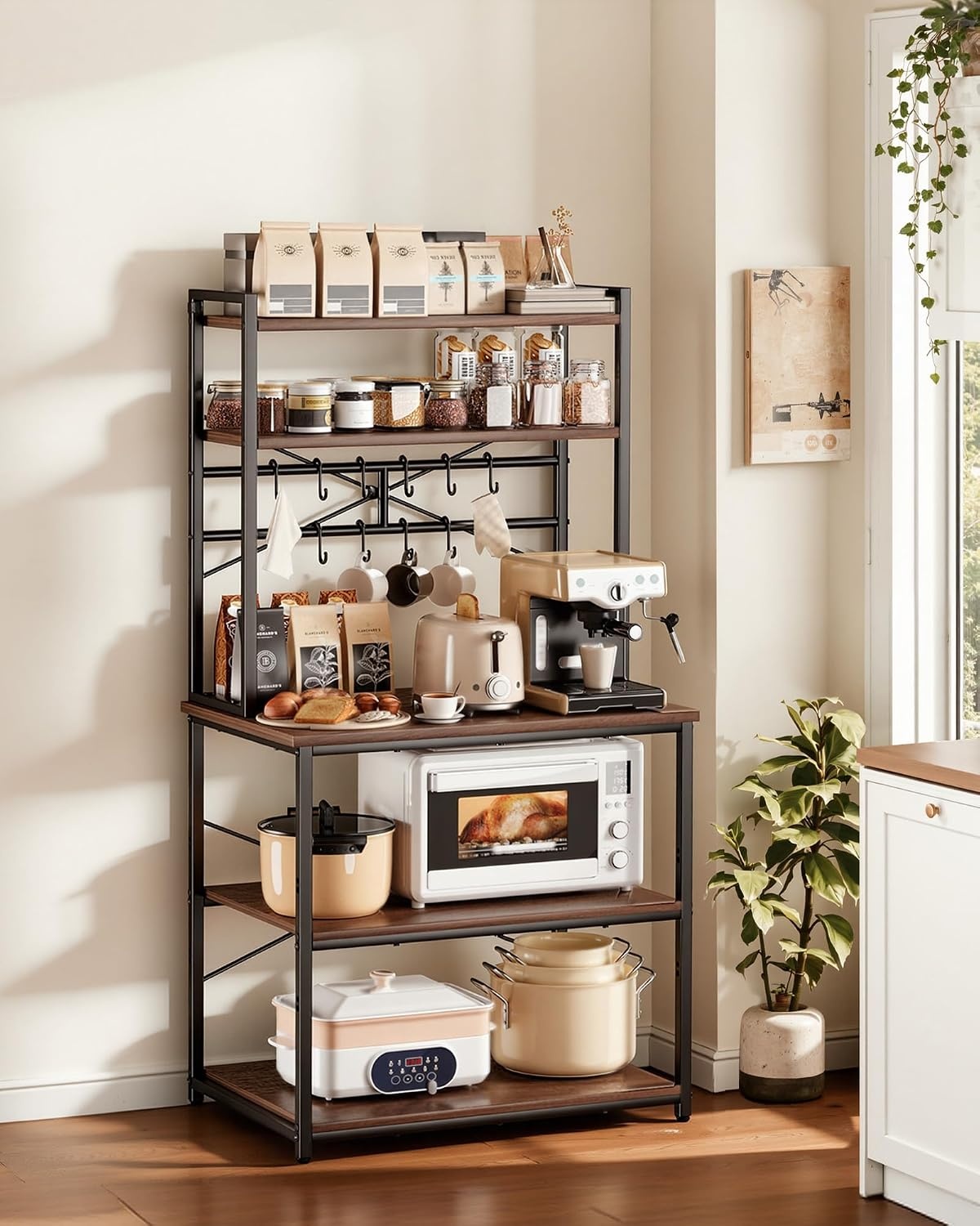 image:imageVEVOR Bakers Rack 354 inch Width Microwave StandKitchen Stand with XShaped Support Bar amp 5 SShaped HooksKitchen Storage Shelf for Dish Storage Spice Jars Coffee Bar Organization315 x 157 x 637