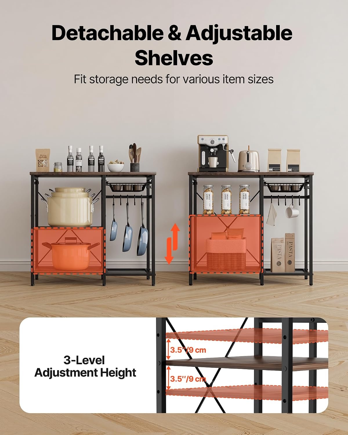 image:imageVEVOR Bakers Rack 354 inch Width Microwave StandKitchen Stand with XShaped Support Bar amp 5 SShaped HooksKitchen Storage Shelf for Dish Storage Spice Jars Coffee Bar Organization354 x 157 x 354
