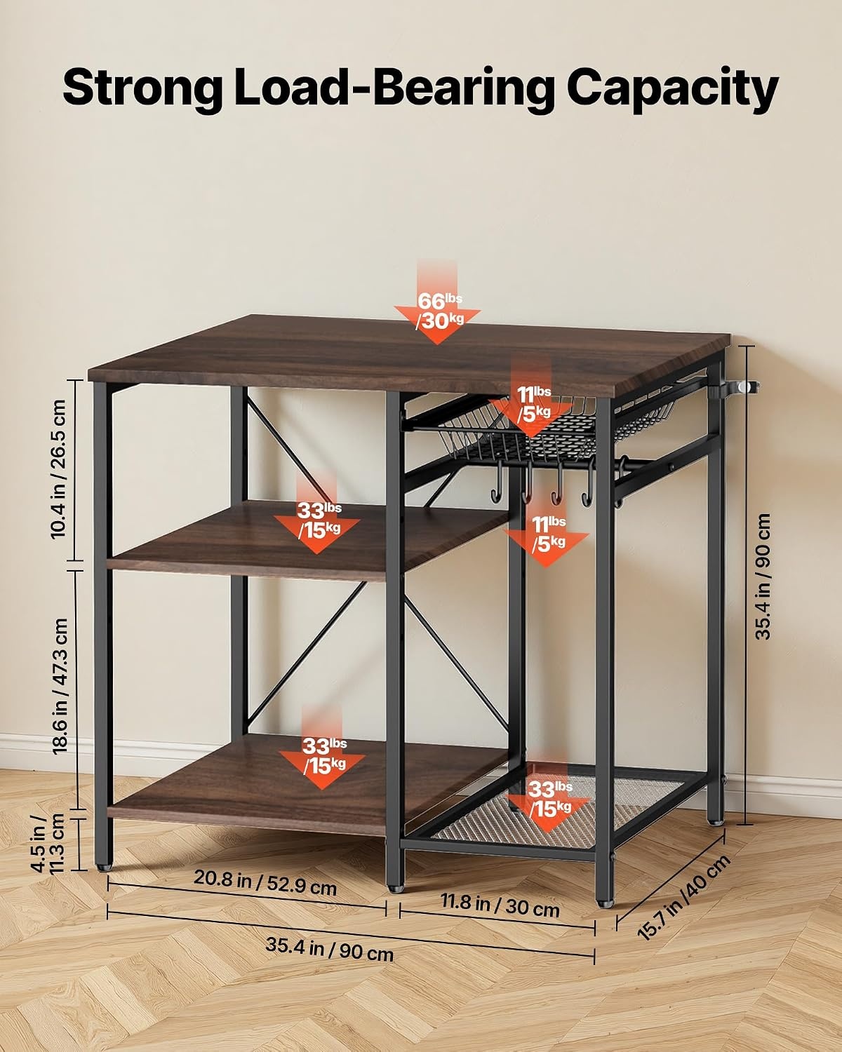image:imageVEVOR Bakers Rack 354 inch Width Microwave StandKitchen Stand with XShaped Support Bar amp 5 SShaped HooksKitchen Storage Shelf for Dish Storage Spice Jars Coffee Bar Organization354 x 157 x 354