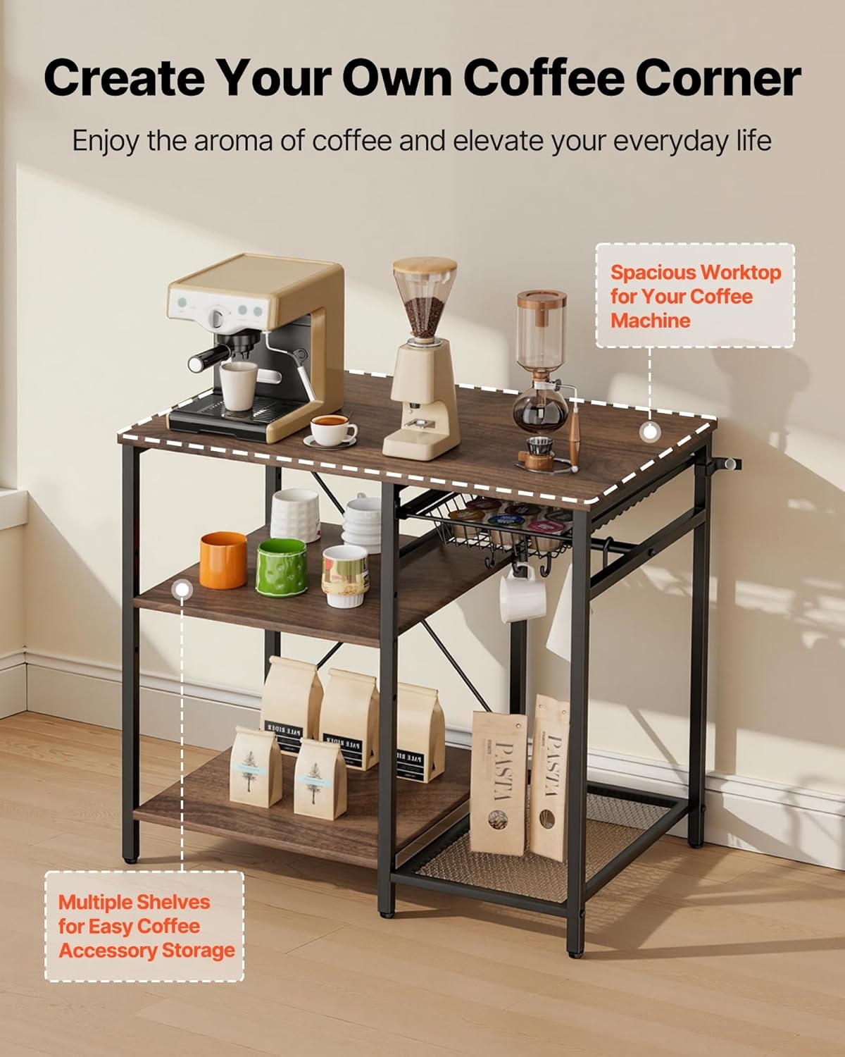 image:imageVEVOR Bakers Rack 354 inch Width Microwave StandKitchen Stand with XShaped Support Bar amp 5 SShaped HooksKitchen Storage Shelf for Dish Storage Spice Jars Coffee Bar Organization354 x 157 x 354