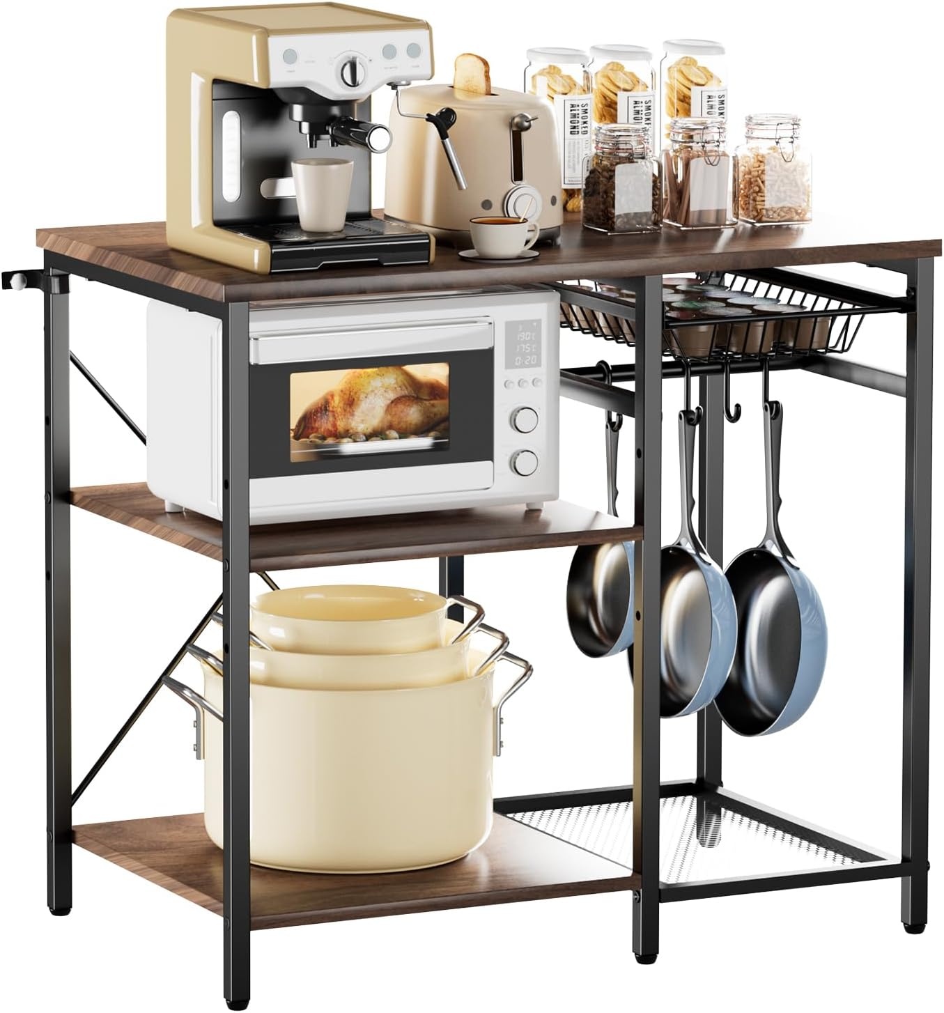 image:imageVEVOR Bakers Rack 354 inch Width Microwave StandKitchen Stand with XShaped Support Bar amp 5 SShaped HooksKitchen Storage Shelf for Dish Storage Spice Jars Coffee Bar Organization354 x 157 x 354