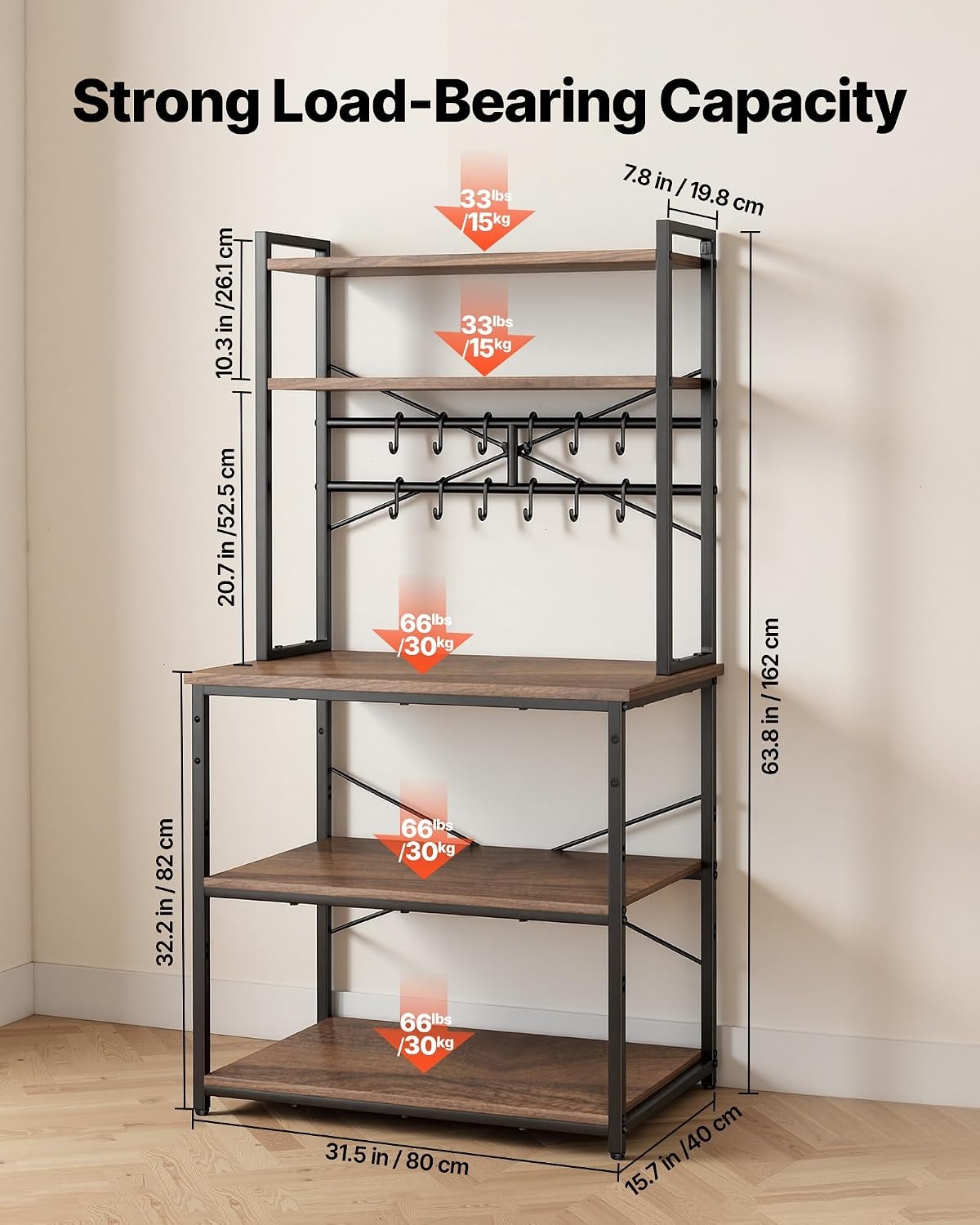 image:imageVEVOR Bakers Rack 354 inch Width Microwave StandKitchen Stand with XShaped Support Bar amp 5 SShaped HooksKitchen Storage Shelf for Dish Storage Spice Jars Coffee Bar Organization315 x 157 x 637