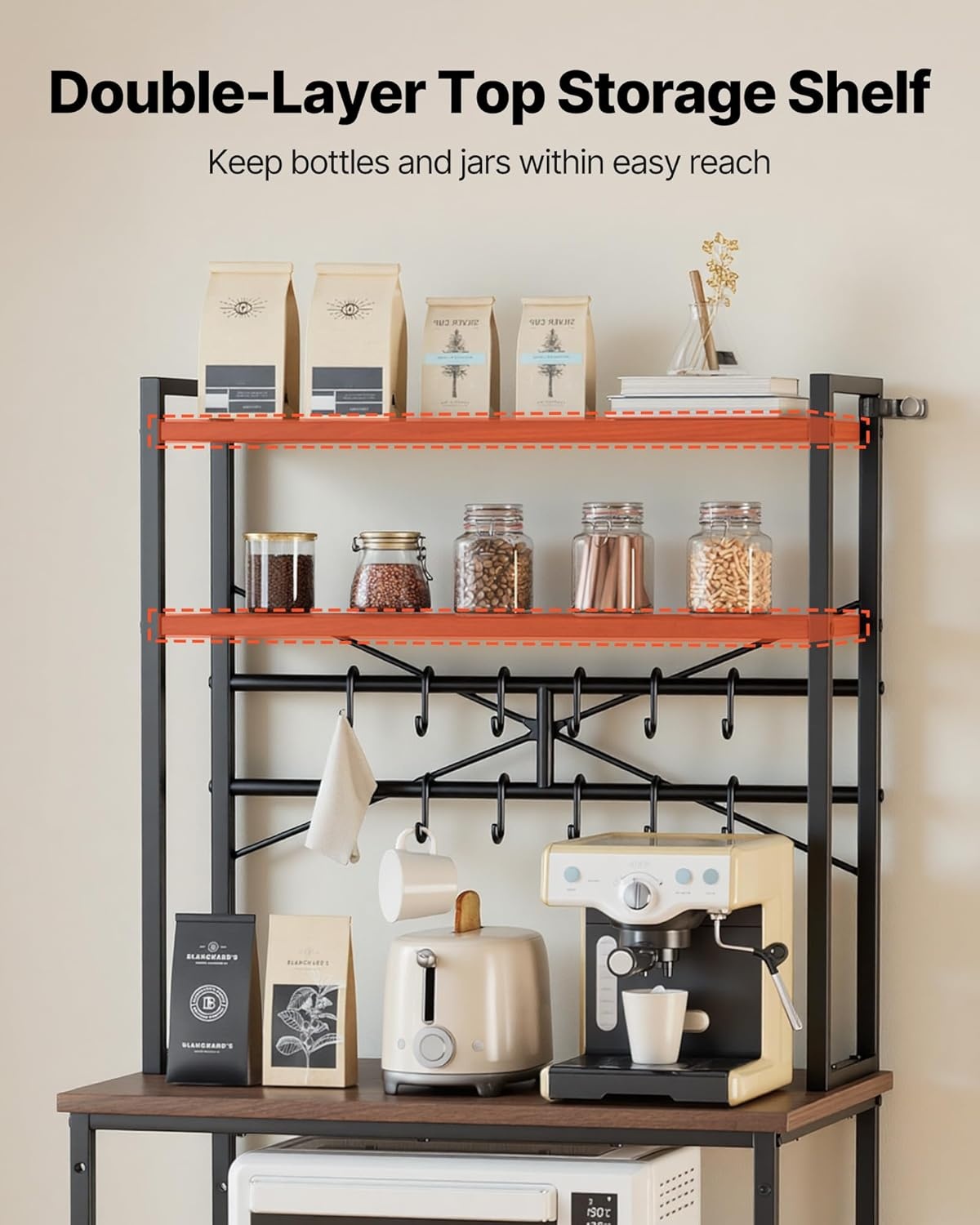 image:imageVEVOR Bakers Rack 354 inch Width Microwave StandKitchen Stand with XShaped Support Bar amp 5 SShaped HooksKitchen Storage Shelf for Dish Storage Spice Jars Coffee Bar Organization315 x 157 x 637