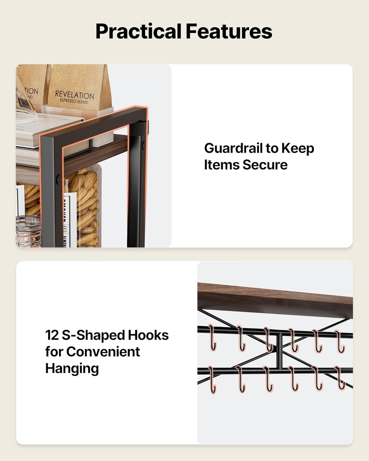 image:imageVEVOR Bakers Rack 354 inch Width Microwave StandKitchen Stand with XShaped Support Bar amp 5 SShaped HooksKitchen Storage Shelf for Dish Storage Spice Jars Coffee Bar Organization315 x 157 x 637