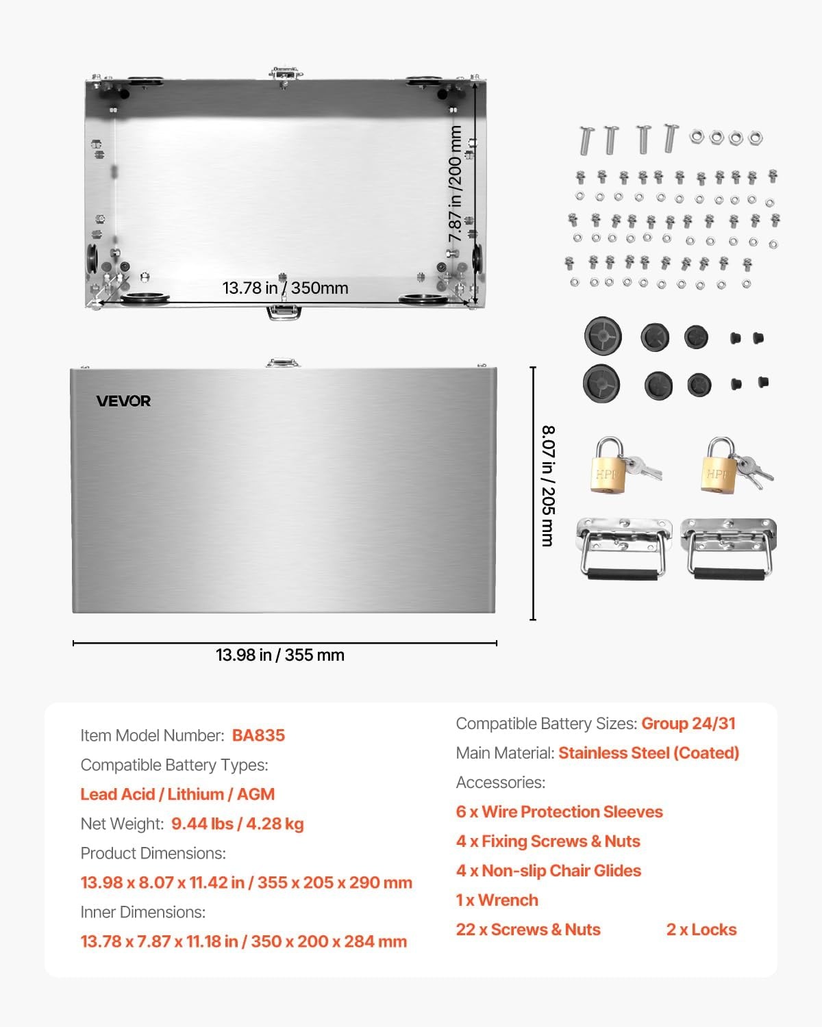 image:imageVEVOR Battery Box Group 2431 Trolling Motor Battery Box Marine Batteries Case with Lock Handles and RubberGrommet Cable Holes Stainless Steel Shell Suitable for Cars Boats amp Trolling MotorsStainless Steel Shell
