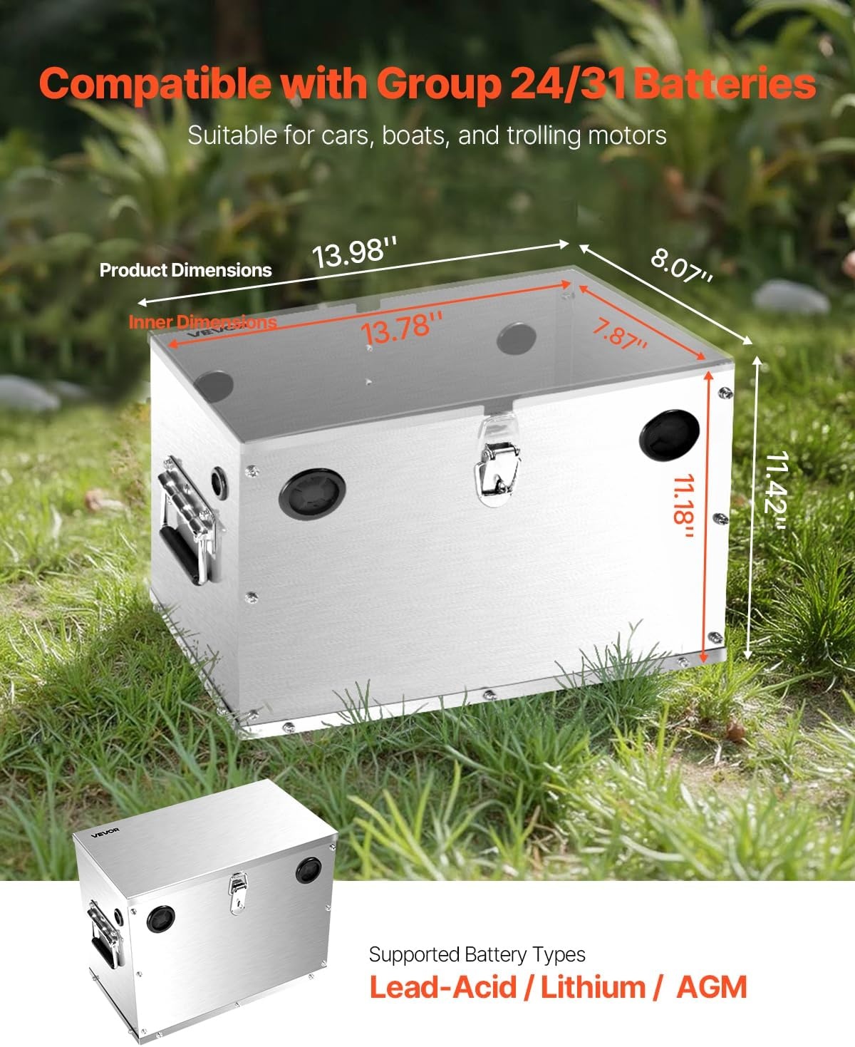 image:imageVEVOR Battery Box Group 2431 Trolling Motor Battery Box Marine Batteries Case with Lock Handles and RubberGrommet Cable Holes Stainless Steel Shell Suitable for Cars Boats amp Trolling MotorsStainless Steel Shell