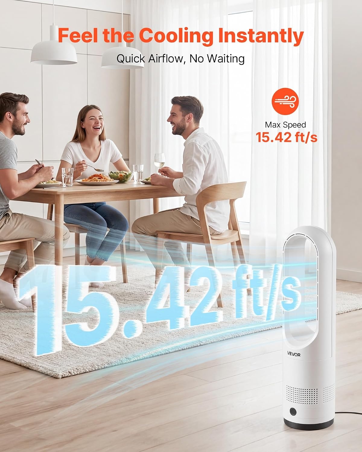 image:imageVEVOR Bladeless Tower Fan 80 Oscillating Standing Fan 8 Speeds amp 9Hour Timer 1542 ft High Velocity Floor Air Circulator Powerful Airflow with Remote for Bedroom Living Room Home OfficeWhite22 Inch