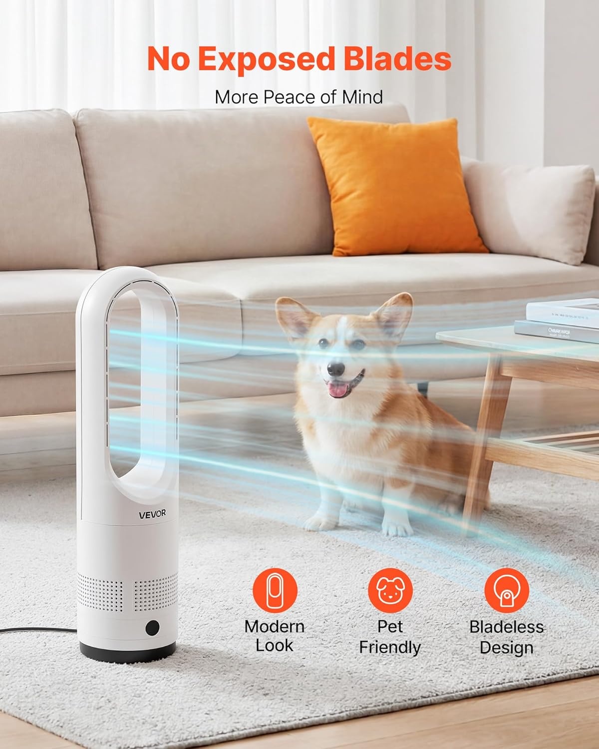 image:imageVEVOR Bladeless Tower Fan 80 Oscillating Standing Fan 8 Speeds amp 9Hour Timer 1542 ft High Velocity Floor Air Circulator Powerful Airflow with Remote for Bedroom Living Room Home OfficeWhite22 Inch