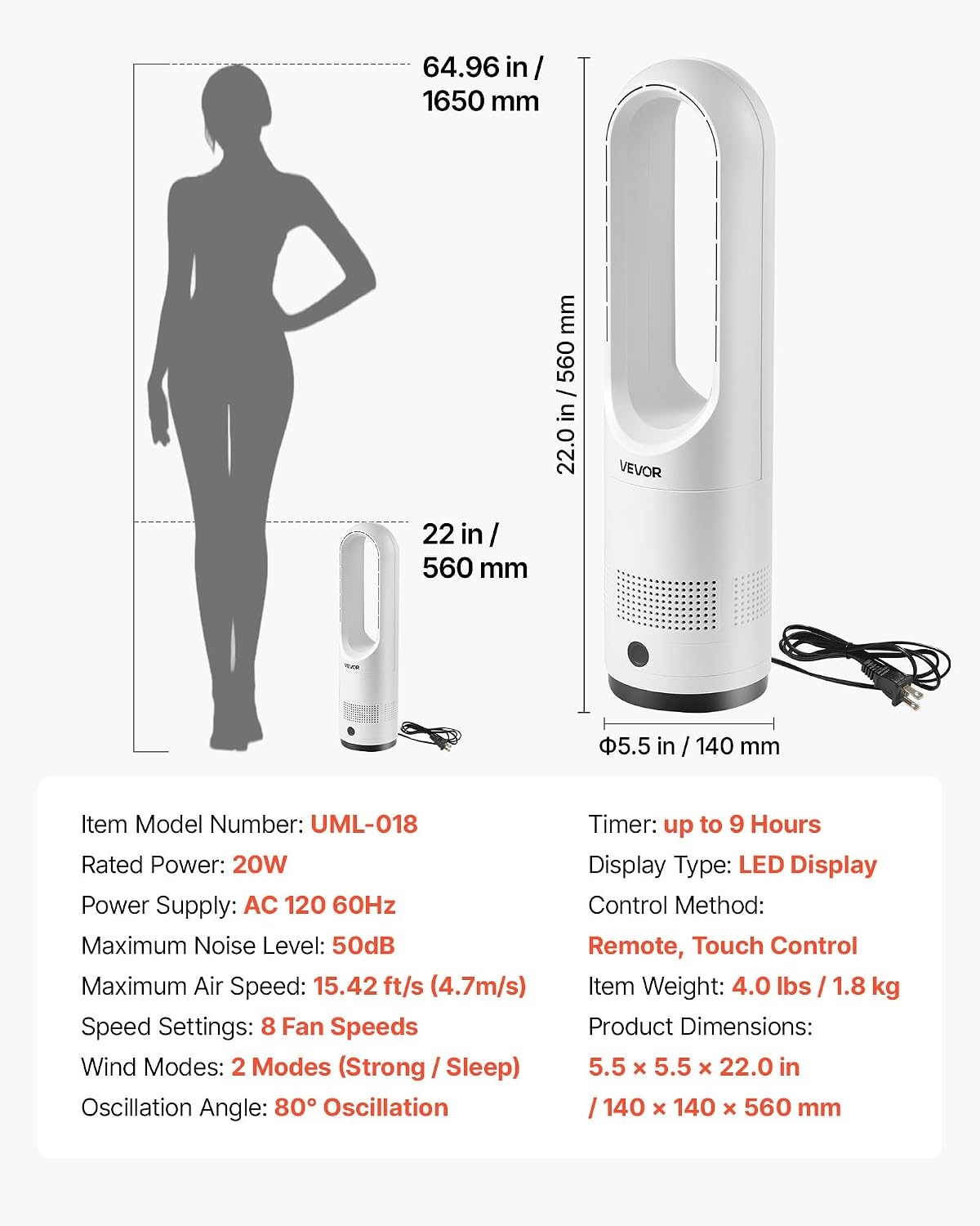 image:imageVEVOR Bladeless Tower Fan 80 Oscillating Standing Fan 8 Speeds amp 9Hour Timer 1542 ft High Velocity Floor Air Circulator Powerful Airflow with Remote for Bedroom Living Room Home OfficeWhite22 Inch