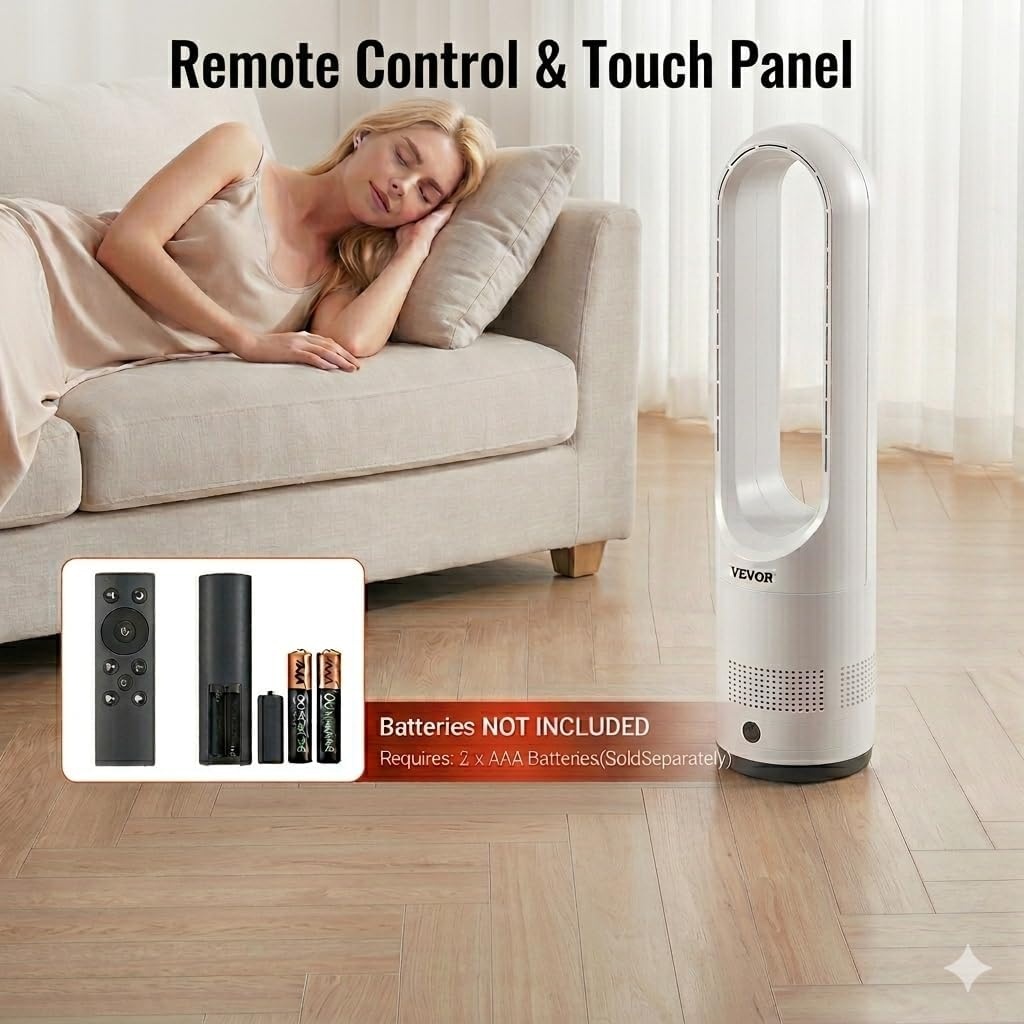 image:imageVEVOR Bladeless Tower Fan 80 Oscillating Standing Fan 8 Speeds amp 9Hour Timer 1542 ft High Velocity Floor Air Circulator Powerful Airflow with Remote for Bedroom Living Room Home OfficeWhite22 Inch