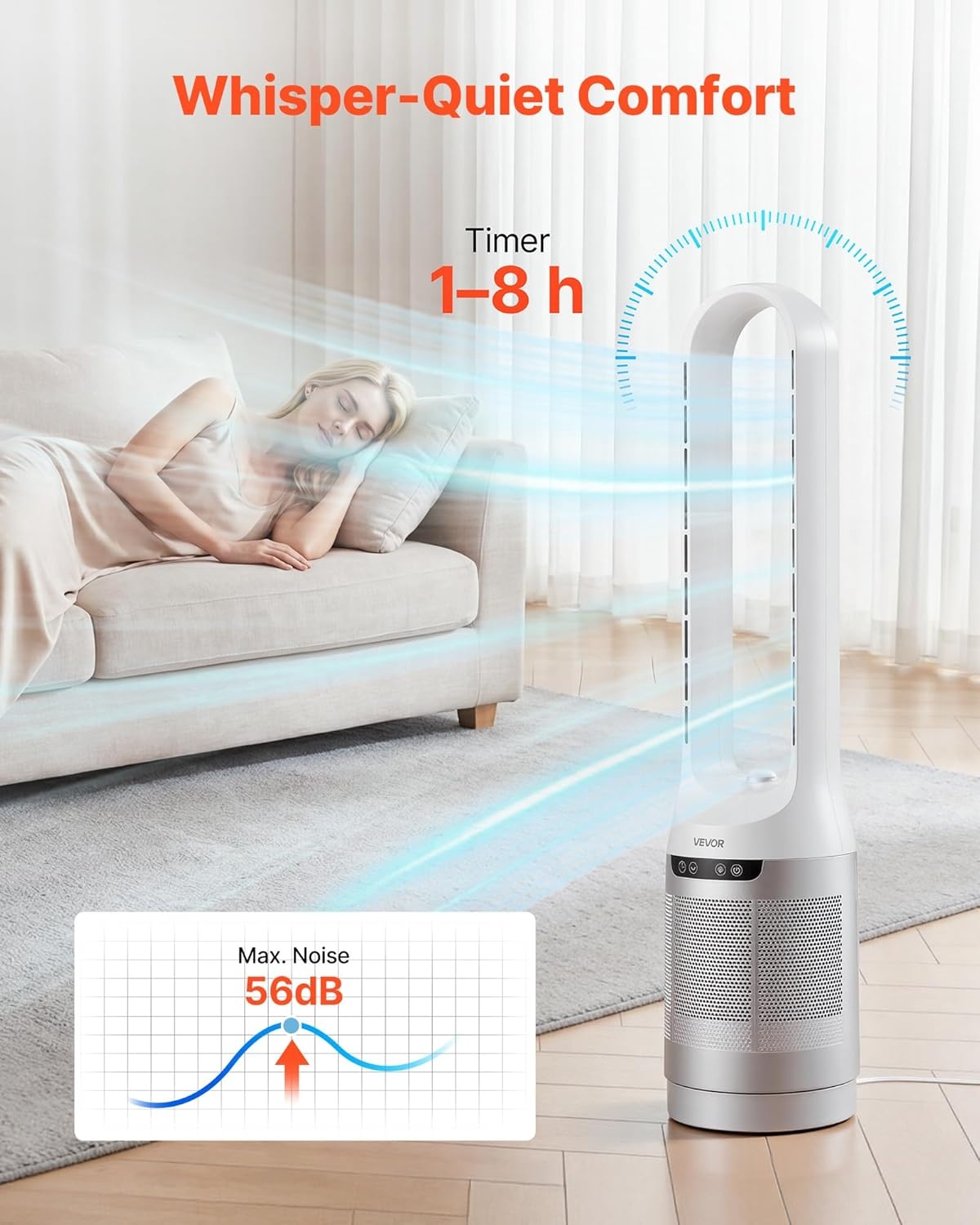 image:imageVEVOR Bladeless Tower Fan 80 Oscillating Standing Fan 8 Speeds amp 9Hour Timer 1542 ft High Velocity Floor Air Circulator Powerful Airflow with Remote for Bedroom Living Room Home OfficeWhite40 Inch
