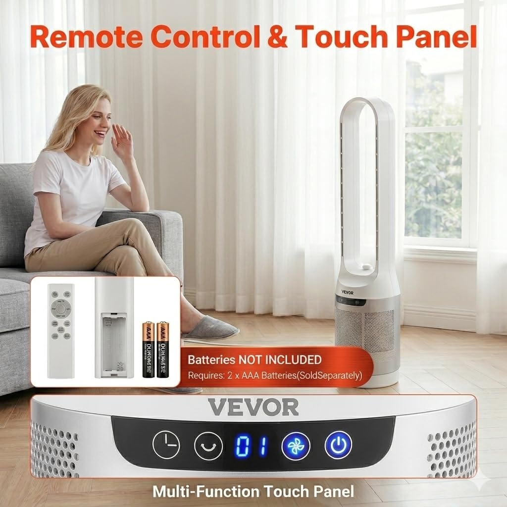 image:imageVEVOR Bladeless Tower Fan 80 Oscillating Standing Fan 8 Speeds amp 9Hour Timer 1542 ft High Velocity Floor Air Circulator Powerful Airflow with Remote for Bedroom Living Room Home OfficeWhite40 Inch