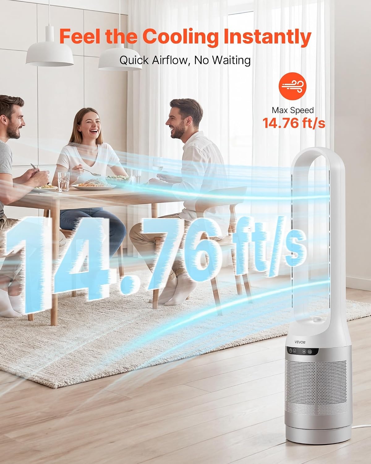 image:imageVEVOR Bladeless Tower Fan 80 Oscillating Standing Fan 8 Speeds amp 9Hour Timer 1542 ft High Velocity Floor Air Circulator Powerful Airflow with Remote for Bedroom Living Room Home OfficeWhite40 Inch