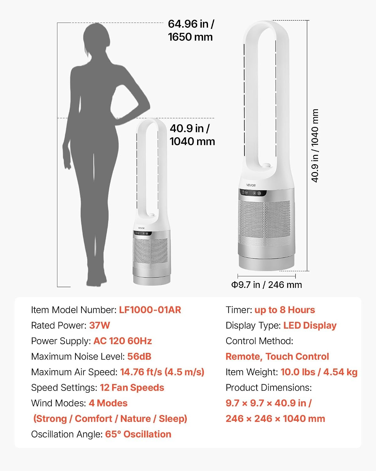 image:imageVEVOR Bladeless Tower Fan 80 Oscillating Standing Fan 8 Speeds amp 9Hour Timer 1542 ft High Velocity Floor Air Circulator Powerful Airflow with Remote for Bedroom Living Room Home OfficeWhite40 Inch