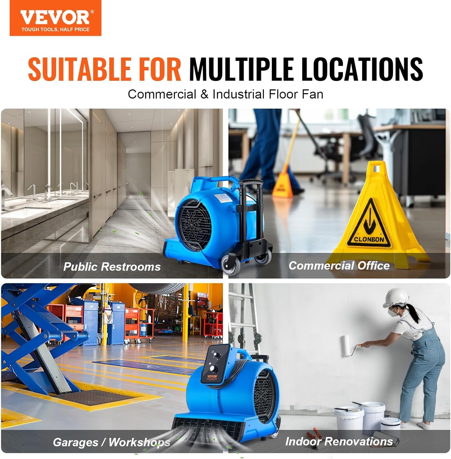 image:imageVEVOR Blower Fan Low Profile Air Mover Carpet Dryer 1000 CFM 2 Speeds MultiAngle Airflow Lightweight Portable for Crawlspaces Attics Basements Bathrooms Water Damage Restoration Blue4000 CFM 1 HP