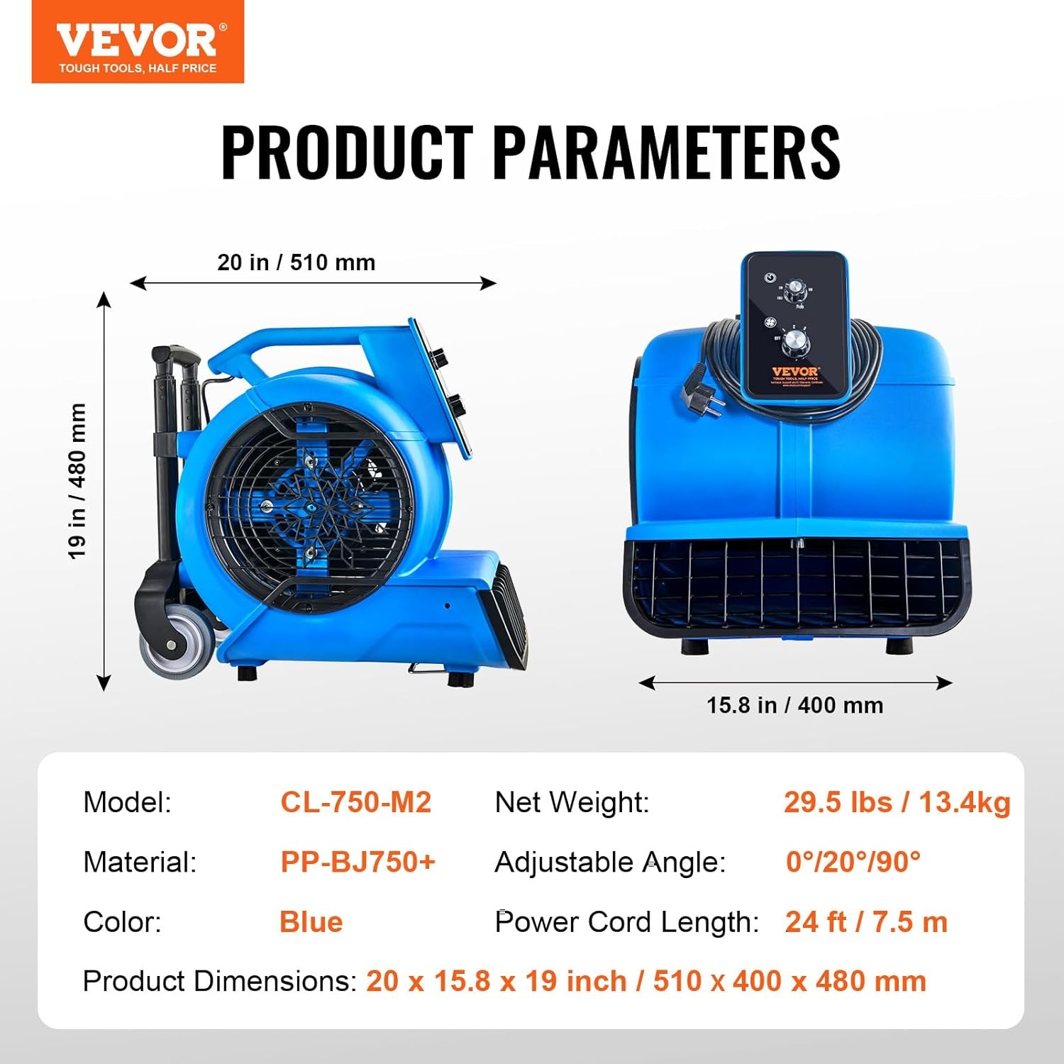 image:imageVEVOR Blower Fan Low Profile Air Mover Carpet Dryer 1000 CFM 2 Speeds MultiAngle Airflow Lightweight Portable for Crawlspaces Attics Basements Bathrooms Water Damage Restoration Blue4000 CFM 1 HP