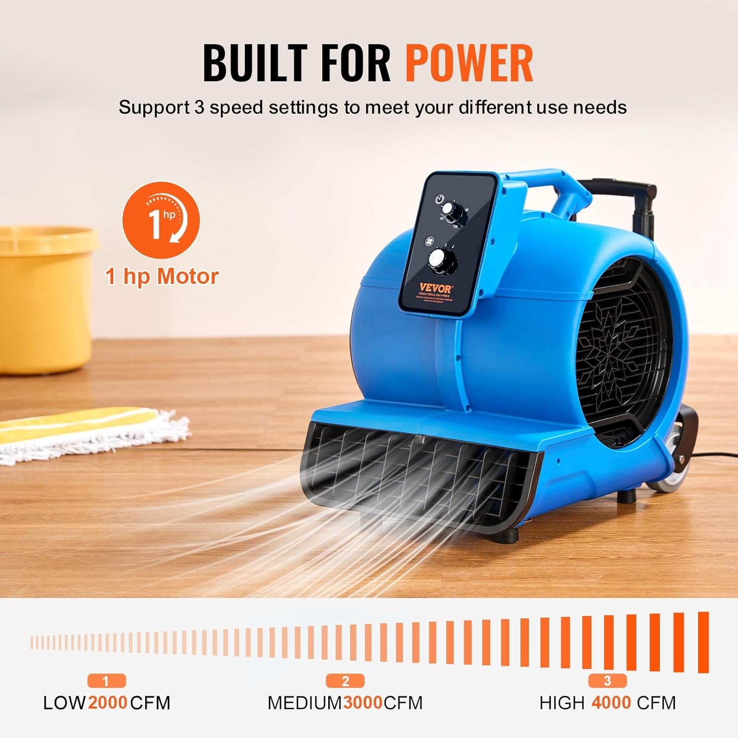 image:imageVEVOR Blower Fan Low Profile Air Mover Carpet Dryer 1000 CFM 2 Speeds MultiAngle Airflow Lightweight Portable for Crawlspaces Attics Basements Bathrooms Water Damage Restoration Blue4000 CFM 1 HP