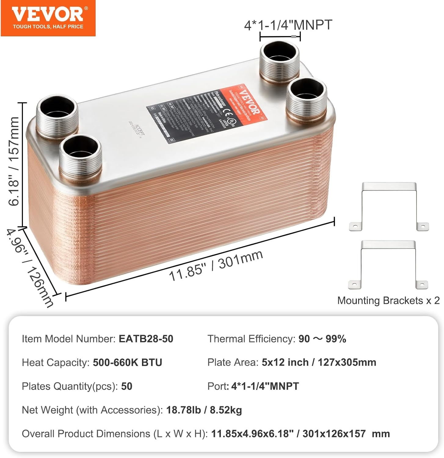 image:imageVEVOR Brazed Plate Heat Exchanger EATB2880 5x12 80 Plates Copper 316L Stainless Steel for Floor Heating Water Heating Snow Melting Beer Cooling1 Count Pack of 1