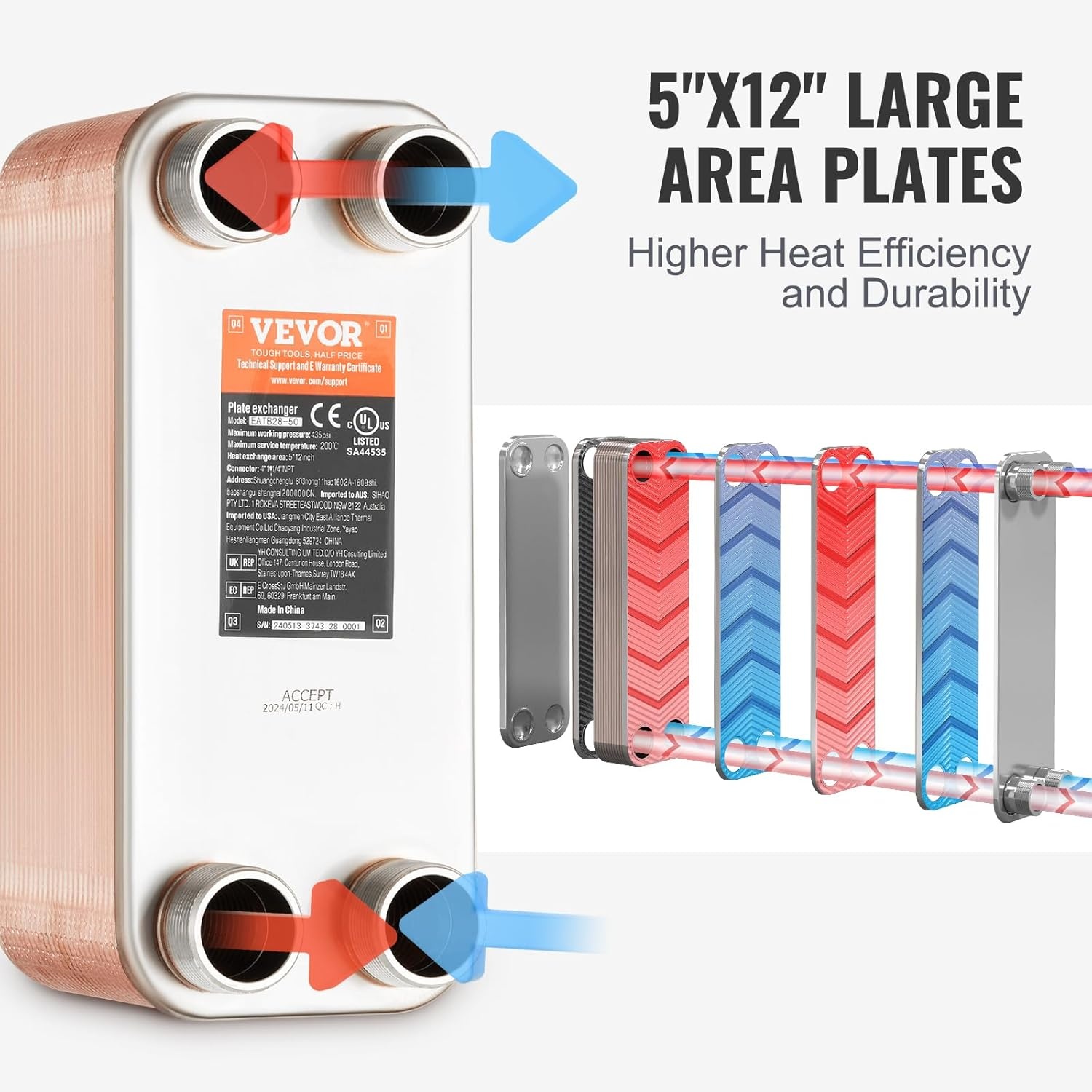image:imageVEVOR Brazed Plate Heat Exchanger EATB2880 5x12 80 Plates Copper 316L Stainless Steel for Floor Heating Water Heating Snow Melting Beer Cooling1 Count Pack of 1
