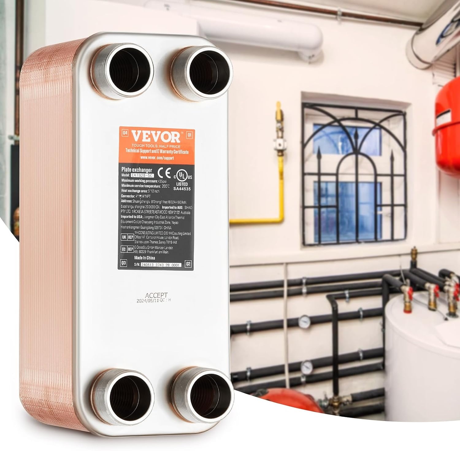 image:imageVEVOR Brazed Plate Heat Exchanger EATB2880 5x12 80 Plates Copper 316L Stainless Steel for Floor Heating Water Heating Snow Melting Beer Cooling1 Count Pack of 1