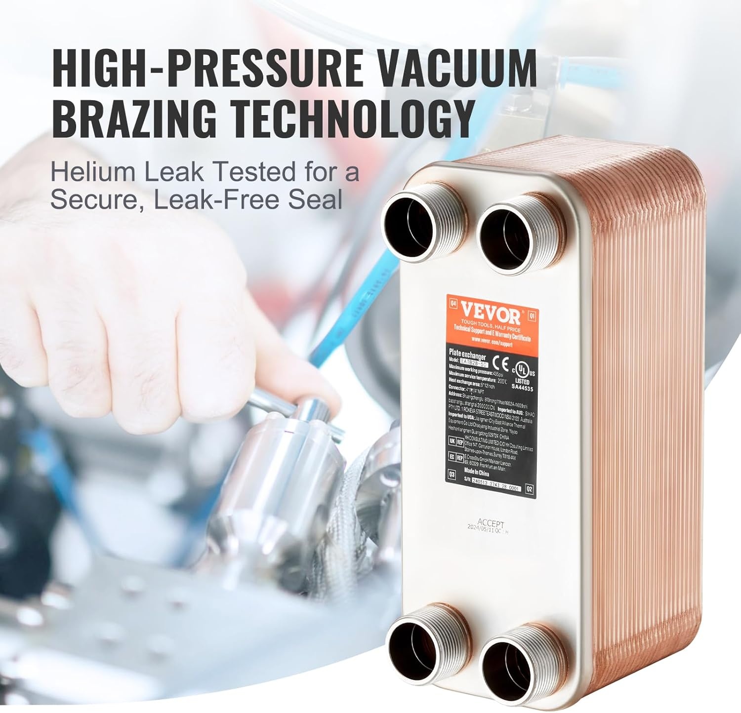 image:imageVEVOR Brazed Plate Heat Exchanger EATB2880 5x12 80 Plates Copper 316L Stainless Steel for Floor Heating Water Heating Snow Melting Beer Cooling1 Count Pack of 1