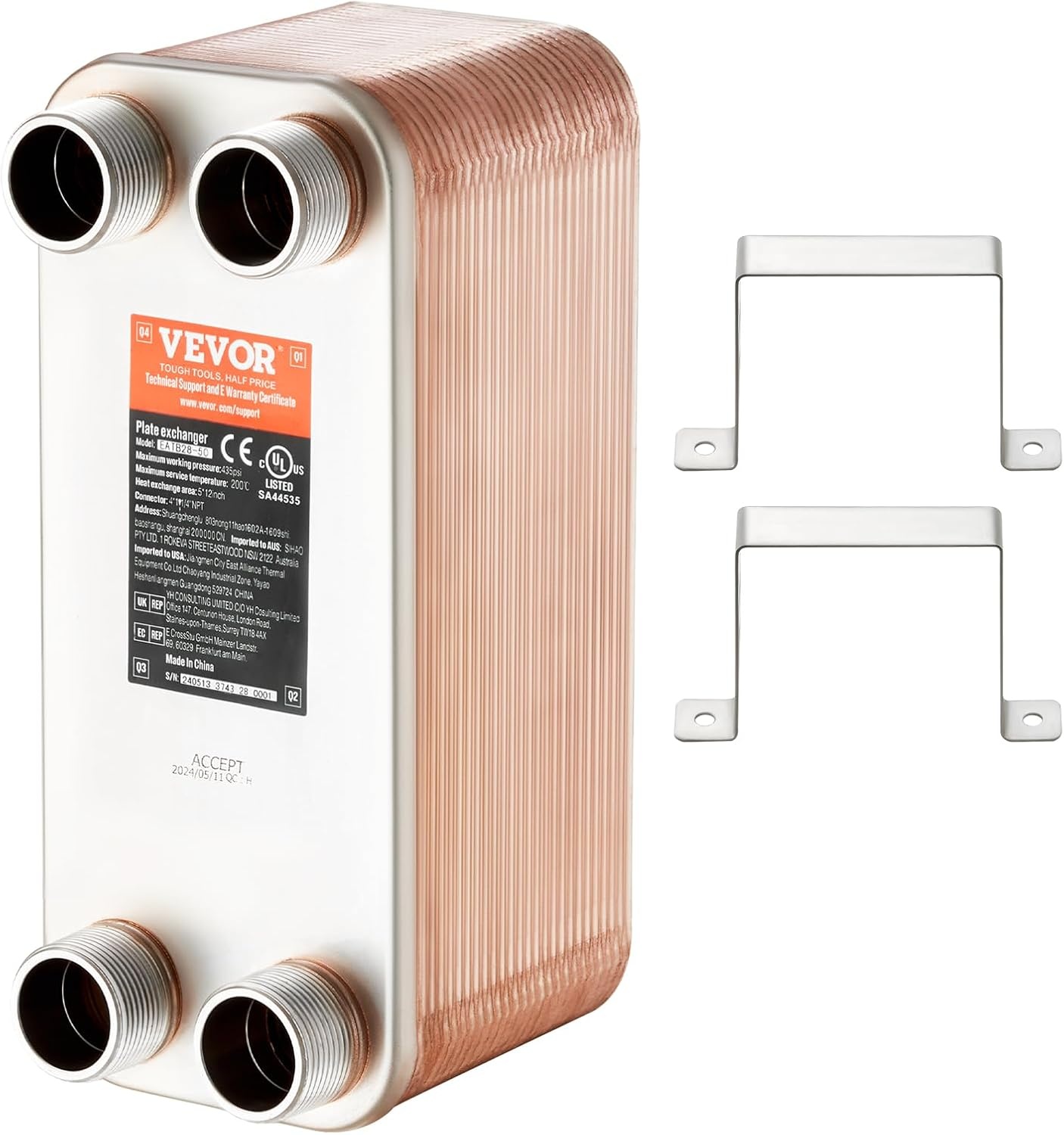 image:imageVEVOR Brazed Plate Heat Exchanger EATB2880 5x12 80 Plates Copper 316L Stainless Steel for Floor Heating Water Heating Snow Melting Beer Cooling1 Count Pack of 1
