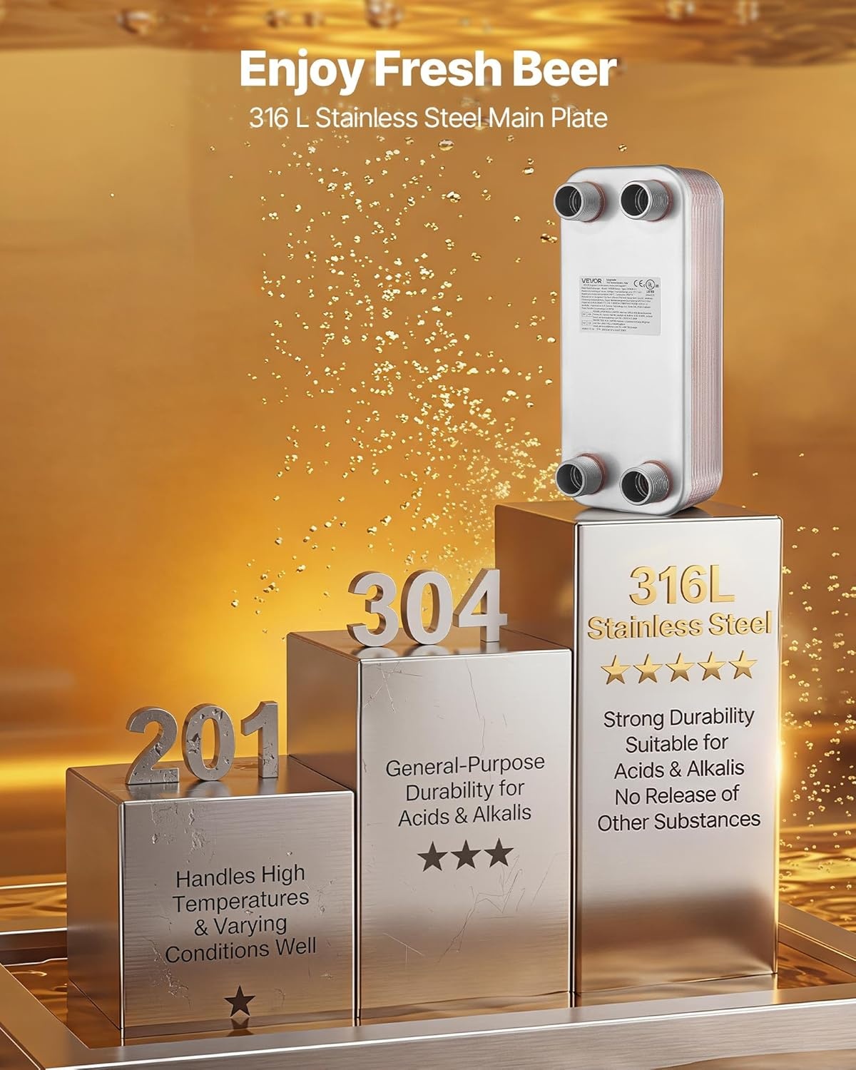 image:imageVEVOR Brazed Plate Heat Exchanger EATB2880 5x12 80 Plates Copper 316L Stainless Steel for Floor Heating Water Heating Snow Melting Beer Cooling20 Plates