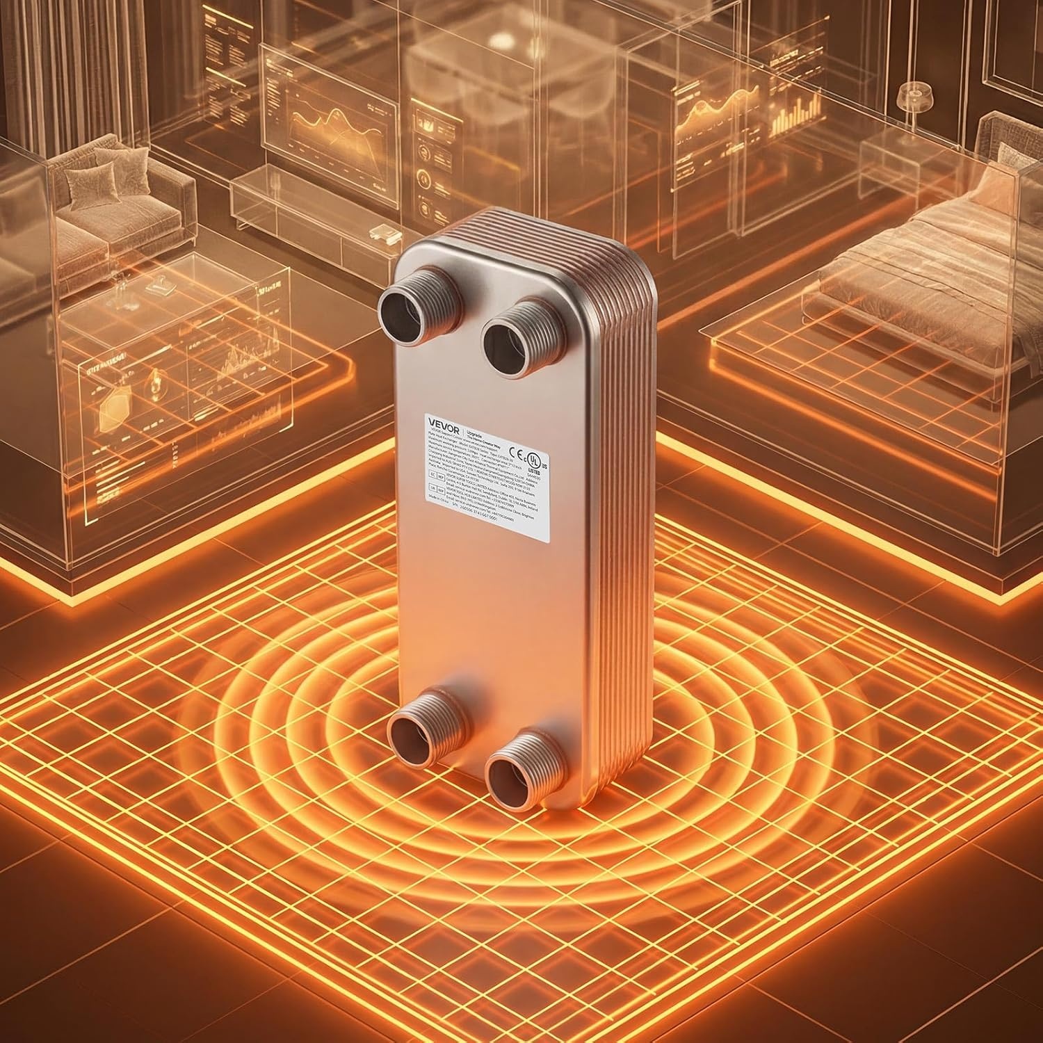 image:imageVEVOR Brazed Plate Heat Exchanger EATB2880 5x12 80 Plates Copper 316L Stainless Steel for Floor Heating Water Heating Snow Melting Beer Cooling20 Plates