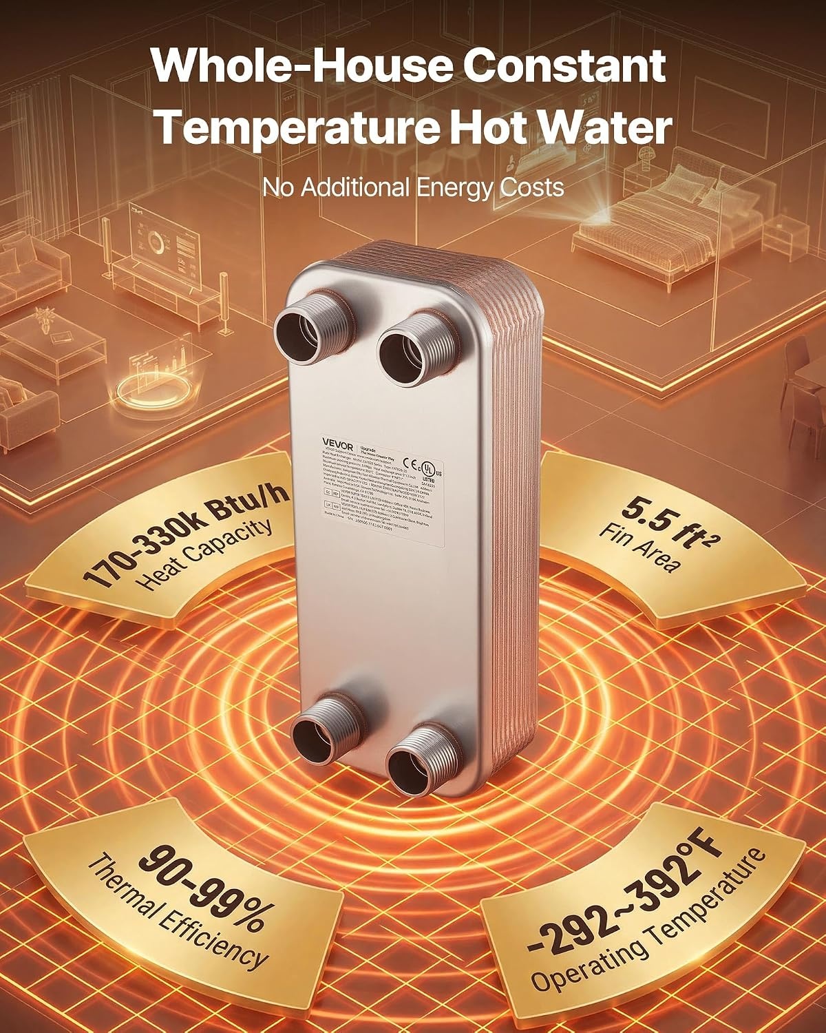 image:imageVEVOR Brazed Plate Heat Exchanger EATB2880 5x12 80 Plates Copper 316L Stainless Steel for Floor Heating Water Heating Snow Melting Beer Cooling20 Plates