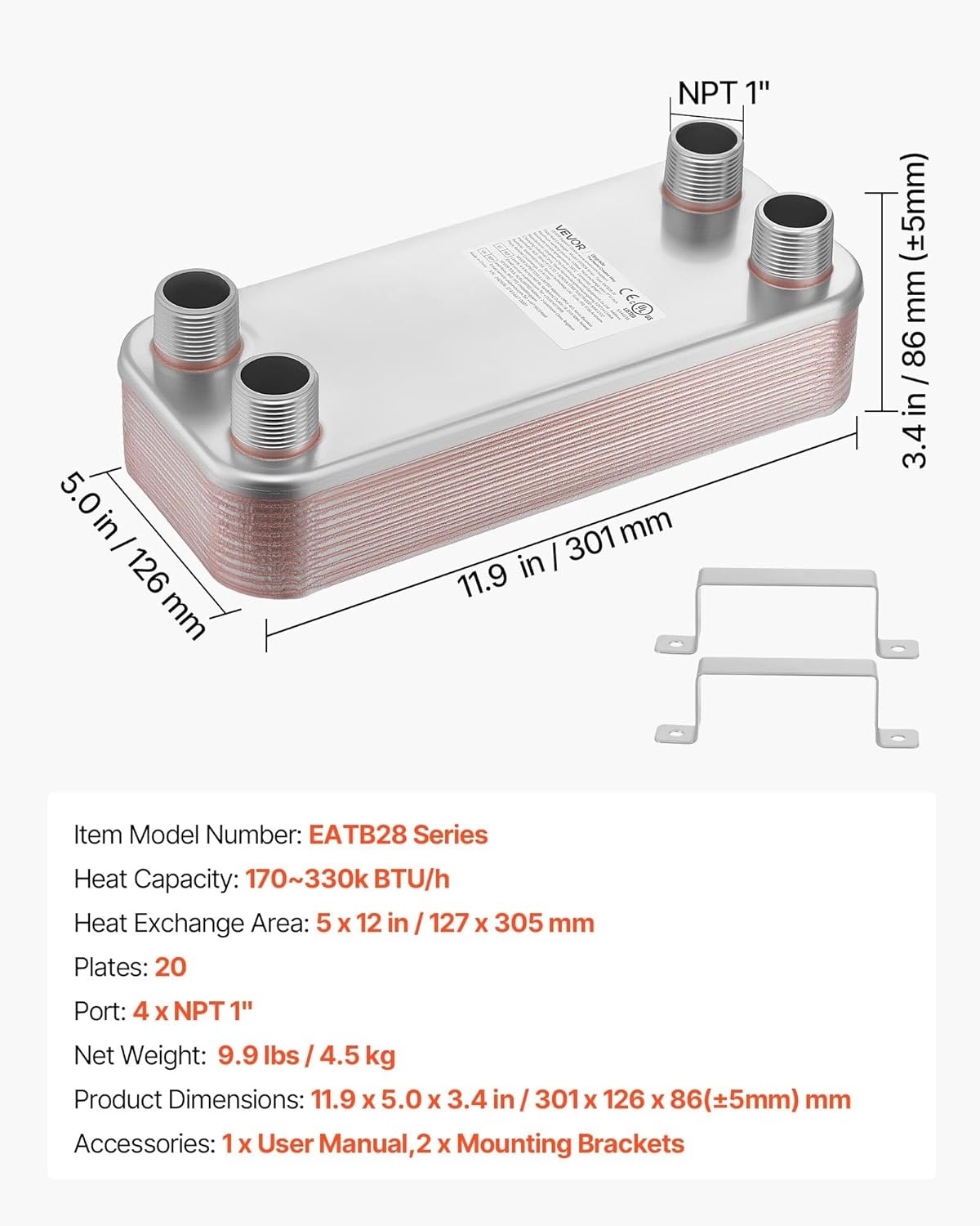 image:imageVEVOR Brazed Plate Heat Exchanger EATB2880 5x12 80 Plates Copper 316L Stainless Steel for Floor Heating Water Heating Snow Melting Beer Cooling20 Plates