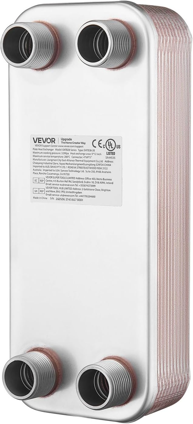 image:imageVEVOR Brazed Plate Heat Exchanger EATB2880 5x12 80 Plates Copper 316L Stainless Steel for Floor Heating Water Heating Snow Melting Beer Cooling20 Plates