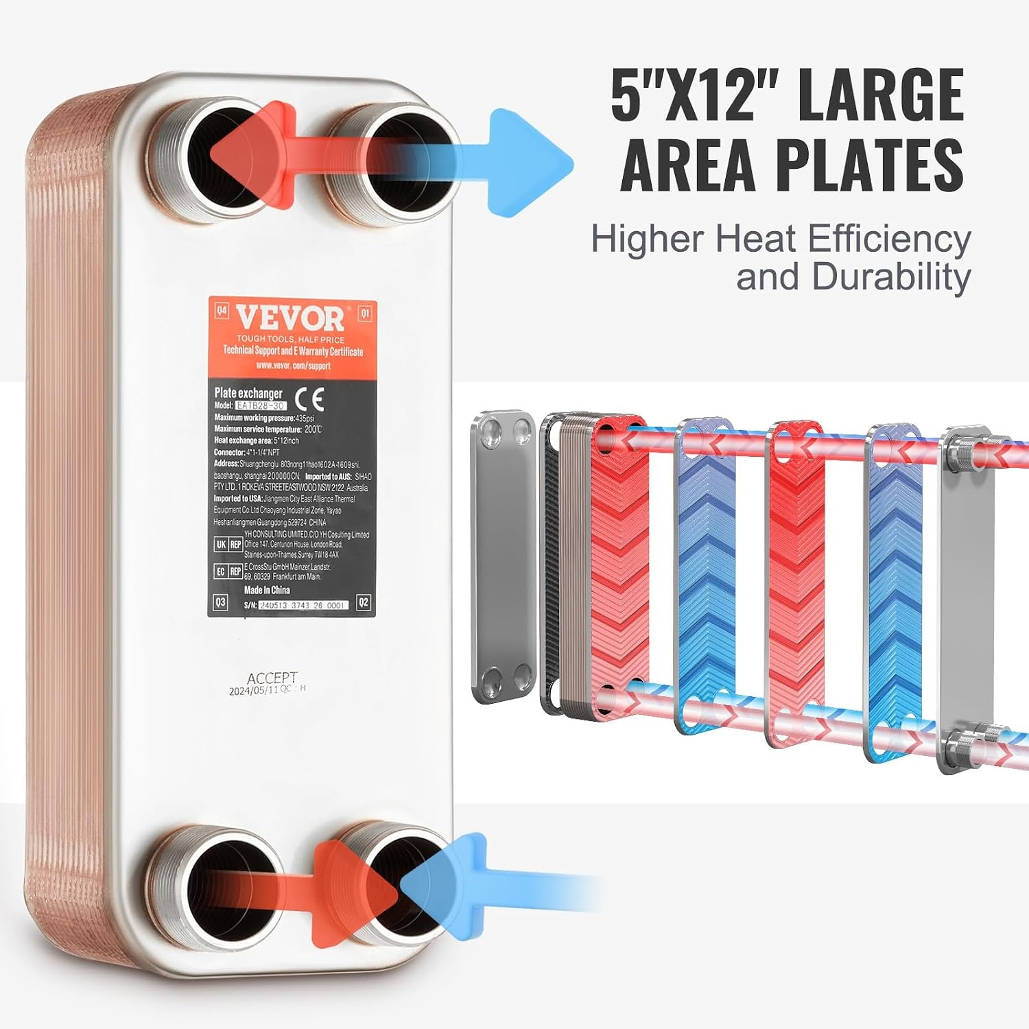 image:imageVEVOR Brazed Plate Heat Exchanger EATB2880 5x12 80 Plates Copper 316L Stainless Steel for Floor Heating Water Heating Snow Melting Beer Cooling30 Plates