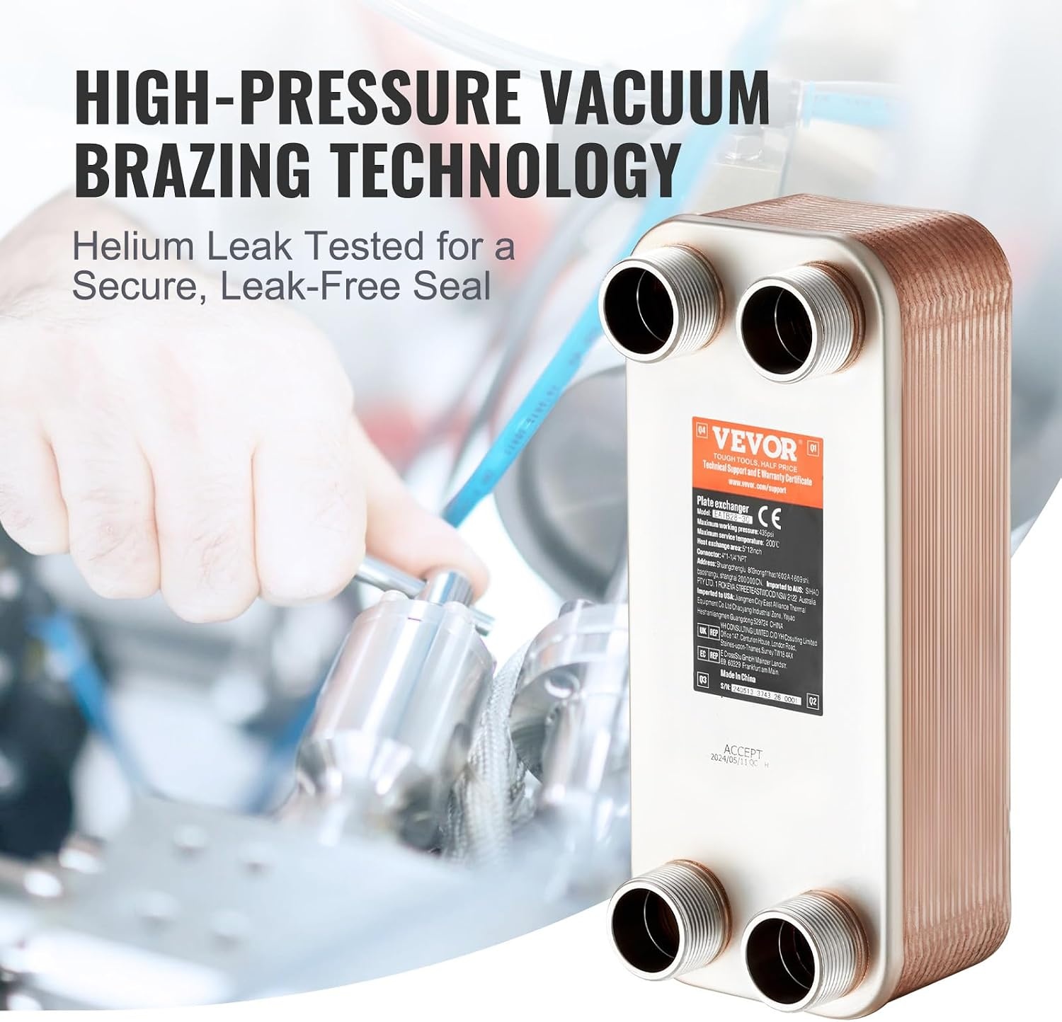 image:imageVEVOR Brazed Plate Heat Exchanger EATB2880 5x12 80 Plates Copper 316L Stainless Steel for Floor Heating Water Heating Snow Melting Beer Cooling30 Plates