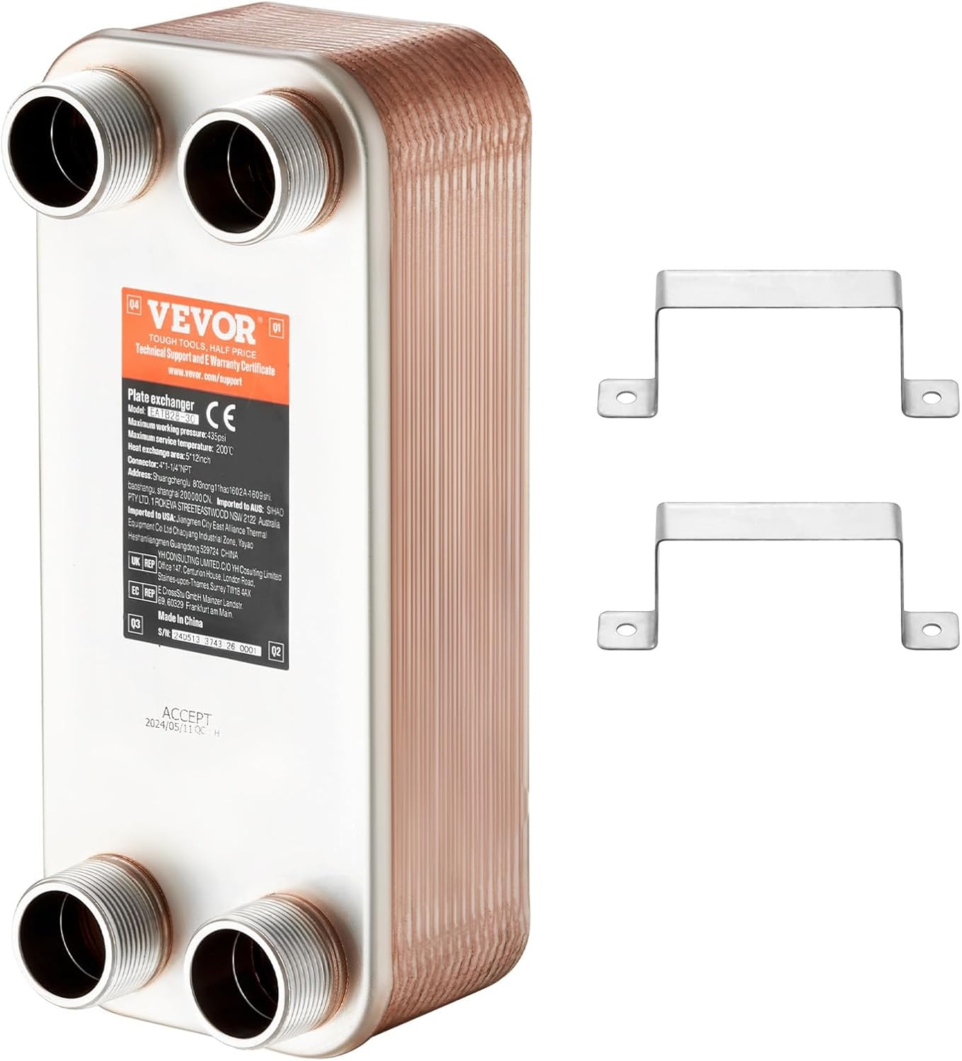 image:imageVEVOR Brazed Plate Heat Exchanger EATB2880 5x12 80 Plates Copper 316L Stainless Steel for Floor Heating Water Heating Snow Melting Beer Cooling30 Plates