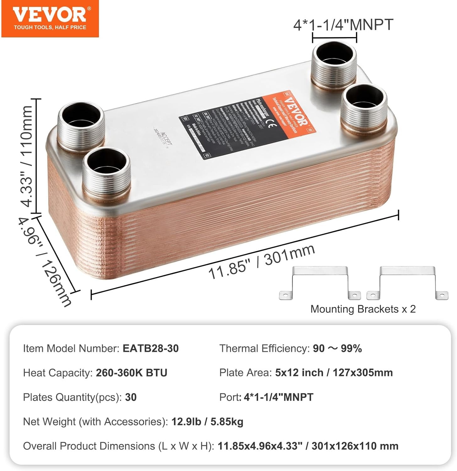 image:imageVEVOR Brazed Plate Heat Exchanger EATB2880 5x12 80 Plates Copper 316L Stainless Steel for Floor Heating Water Heating Snow Melting Beer Cooling30 Plates