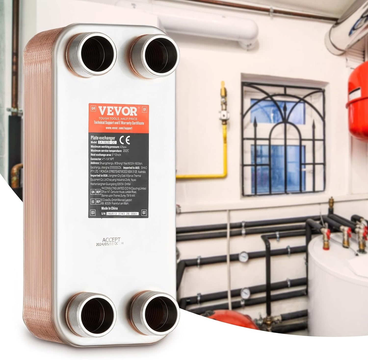 image:imageVEVOR Brazed Plate Heat Exchanger EATB2880 5x12 80 Plates Copper 316L Stainless Steel for Floor Heating Water Heating Snow Melting Beer Cooling30 Plates