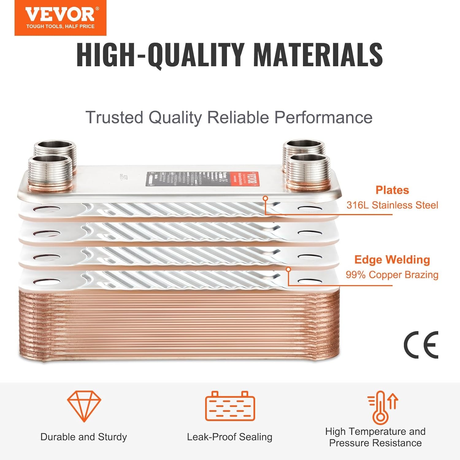 image:imageVEVOR Brazed Plate Heat Exchanger EATB2880 5x12 80 Plates Copper 316L Stainless Steel for Floor Heating Water Heating Snow Melting Beer Cooling30 Plates