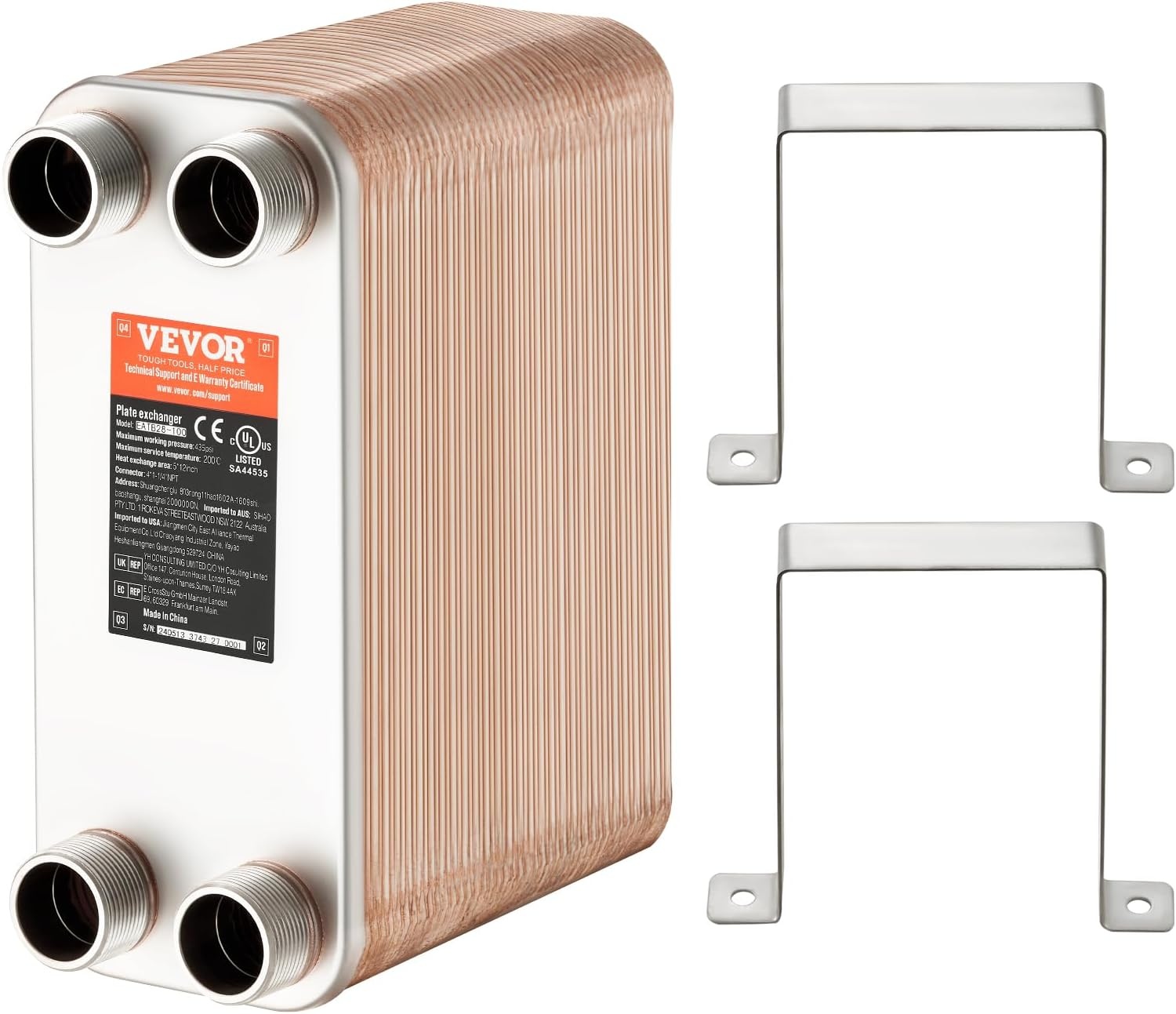 image:imageVEVOR Brazed Plate Heat Exchanger EATB2880 5x12 80 Plates Copper 316L Stainless Steel for Floor Heating Water Heating Snow Melting Beer Cooling80 Plates