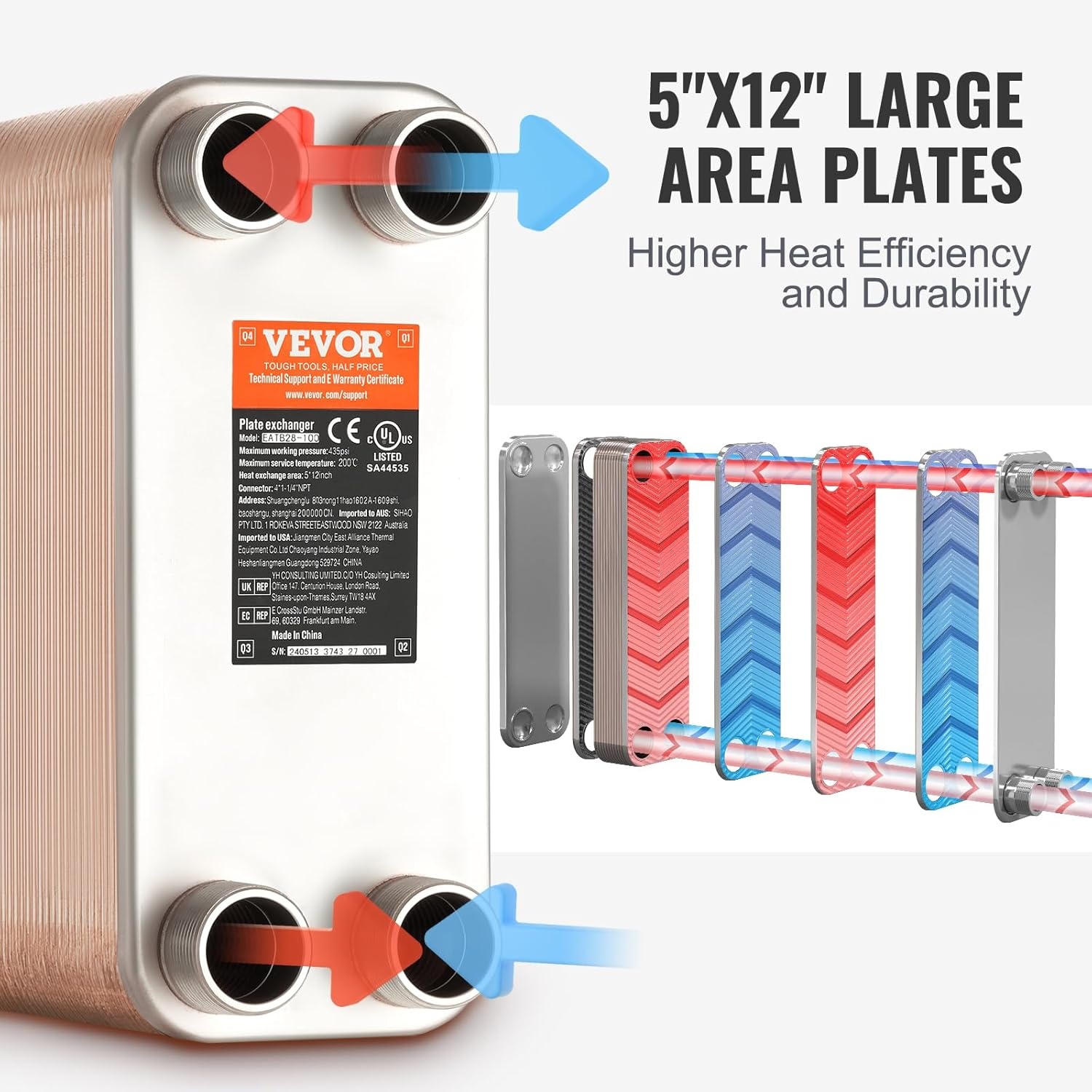 image:imageVEVOR Brazed Plate Heat Exchanger EATB2880 5x12 80 Plates Copper 316L Stainless Steel for Floor Heating Water Heating Snow Melting Beer Cooling80 Plates