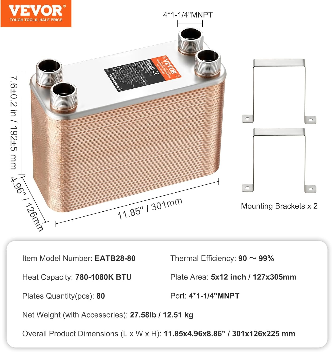 image:imageVEVOR Brazed Plate Heat Exchanger EATB2880 5x12 80 Plates Copper 316L Stainless Steel for Floor Heating Water Heating Snow Melting Beer Cooling80 Plates
