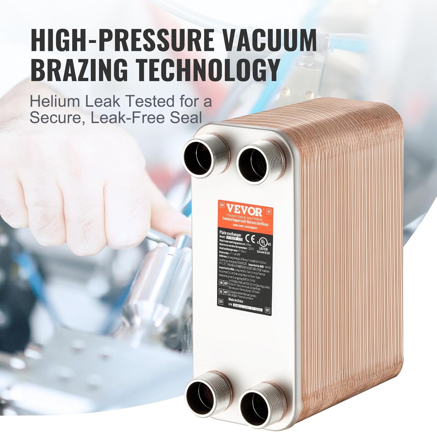 image:imageVEVOR Brazed Plate Heat Exchanger EATB2880 5x12 80 Plates Copper 316L Stainless Steel for Floor Heating Water Heating Snow Melting Beer Cooling80 Plates
