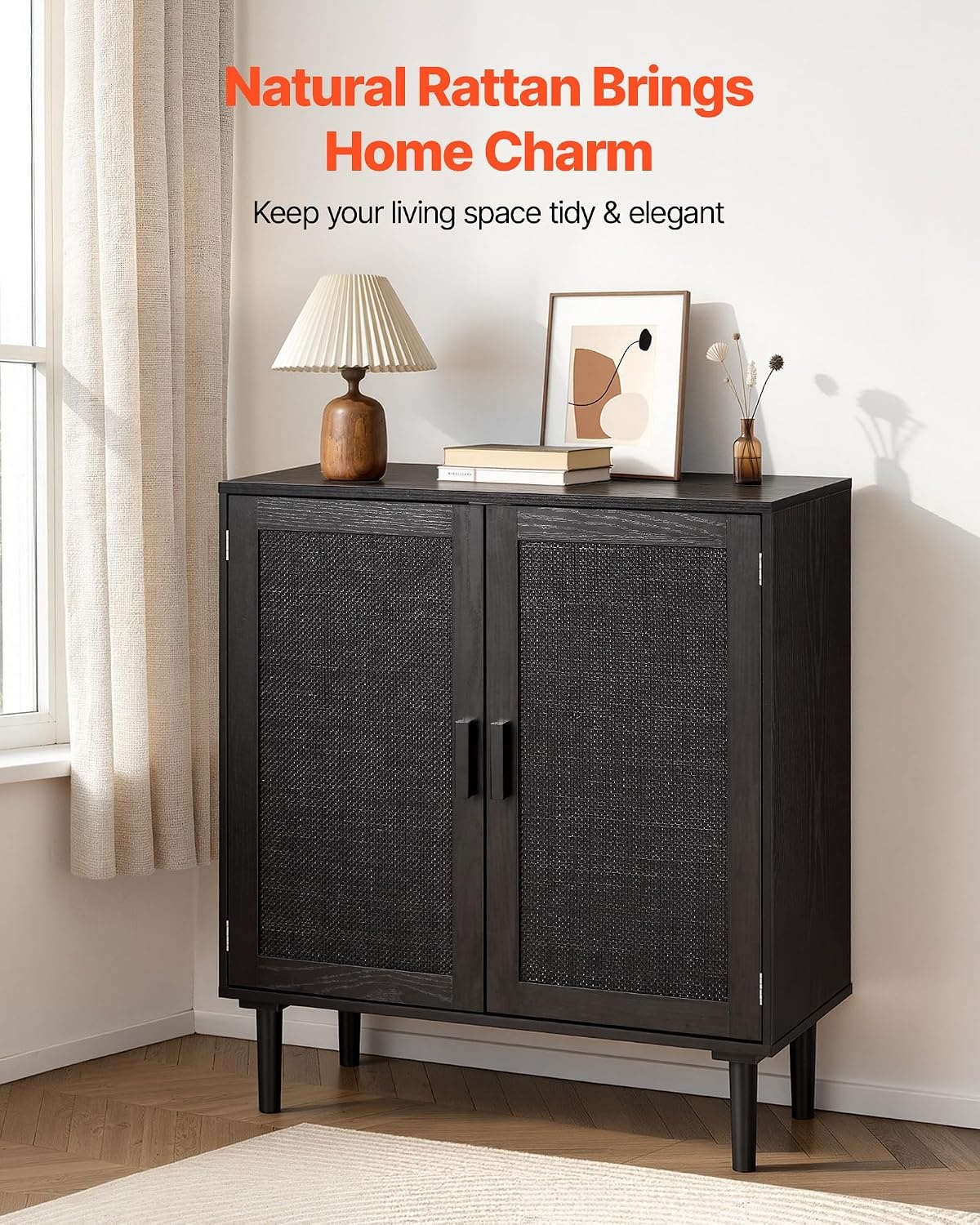 image:imageVEVOR Buffet Cabinet Rattan Sideboard Cabinet with 2 Magnetic Doors and Adjustable Shelves Accent Sideboard Buffet with Wooden Legs amp Power Cord Hole for Hallway Entryway Kitchen BlackPure Black