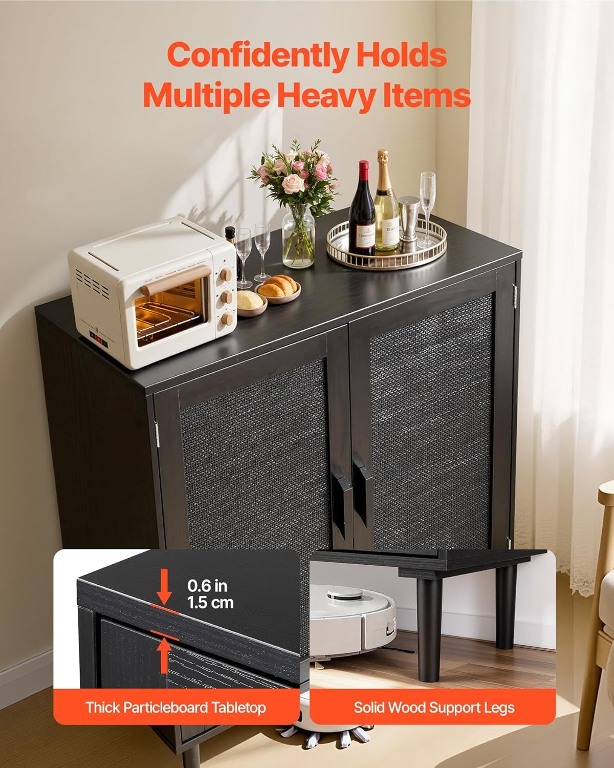 image:imageVEVOR Buffet Cabinet Rattan Sideboard Cabinet with 2 Magnetic Doors and Adjustable Shelves Accent Sideboard Buffet with Wooden Legs amp Power Cord Hole for Hallway Entryway Kitchen BlackPure Black
