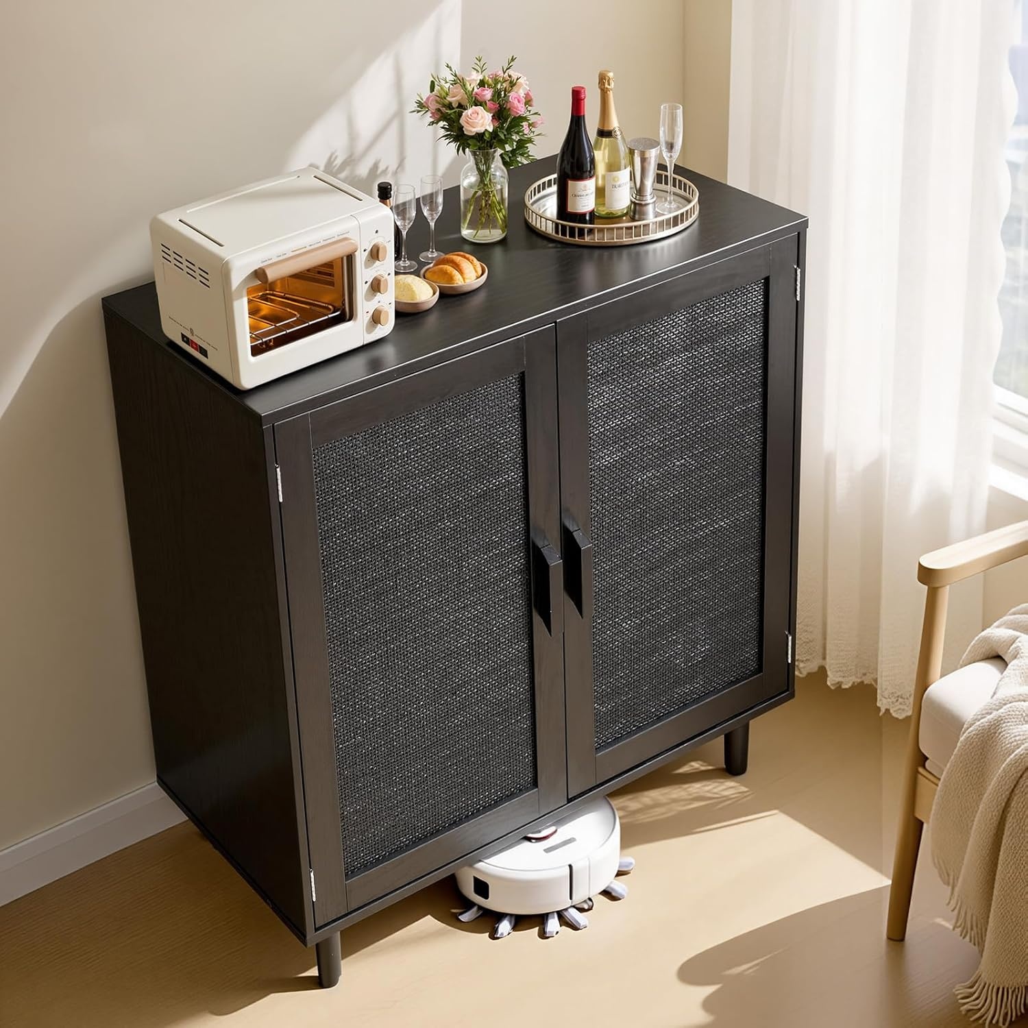 image:imageVEVOR Buffet Cabinet Rattan Sideboard Cabinet with 2 Magnetic Doors and Adjustable Shelves Accent Sideboard Buffet with Wooden Legs amp Power Cord Hole for Hallway Entryway Kitchen BlackPure Black
